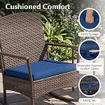 ORALNER 3 Pieces Patio Rocking Bistro Set, Outdoor Wicker Rocking Chairs with Cushions, Glass Coffee Table, Rattan Conversation Furniture Set for Balcony Front Porch Garden Deck Poolside (Navy)