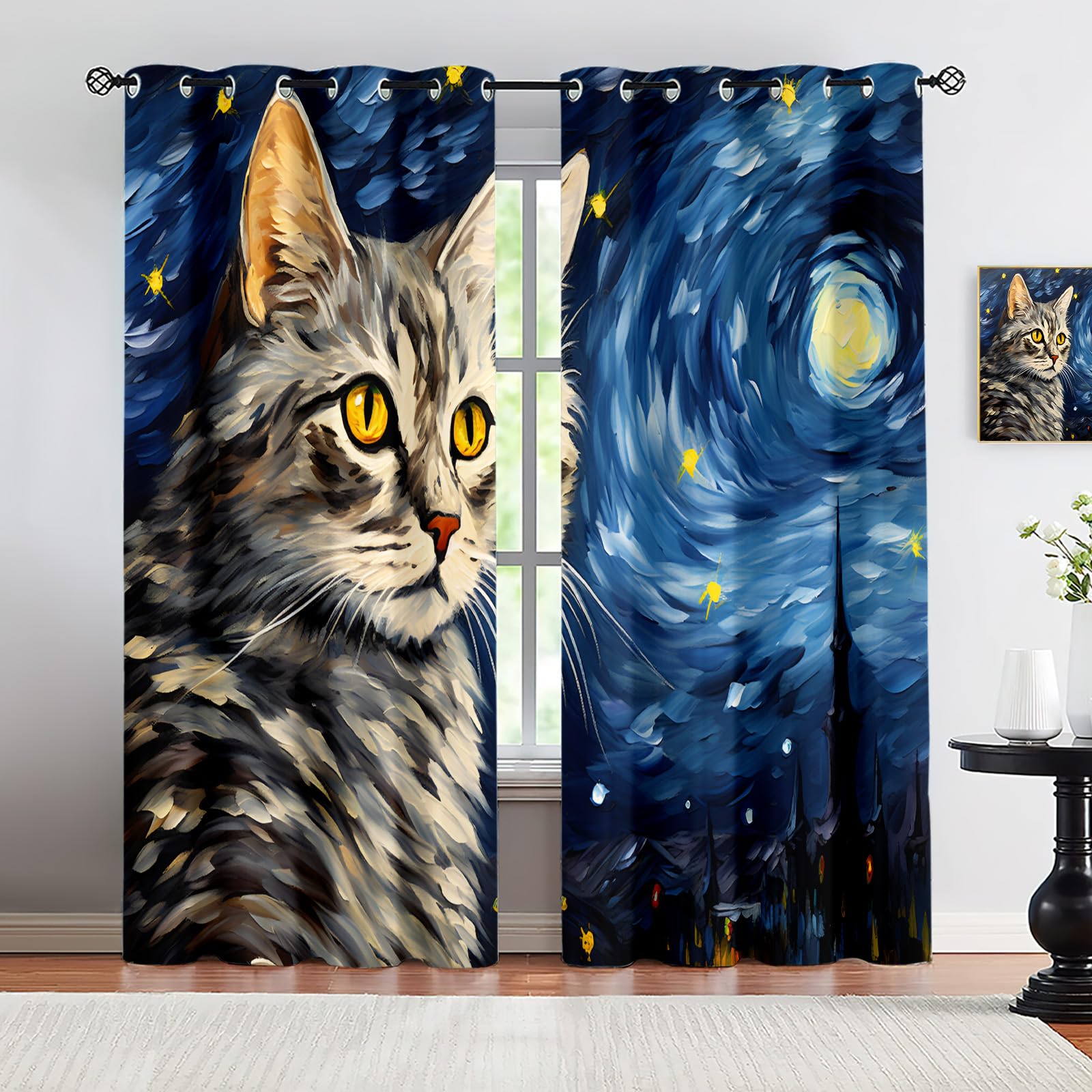 CTTELUN Cute Cat Curtains - Starry Sky Blackout Curtains for Girls Room, Oil Painting Style Drapes for Kids Bedroom, Window Curtain Decor (2 Panels 31.5 x 72 Inch)