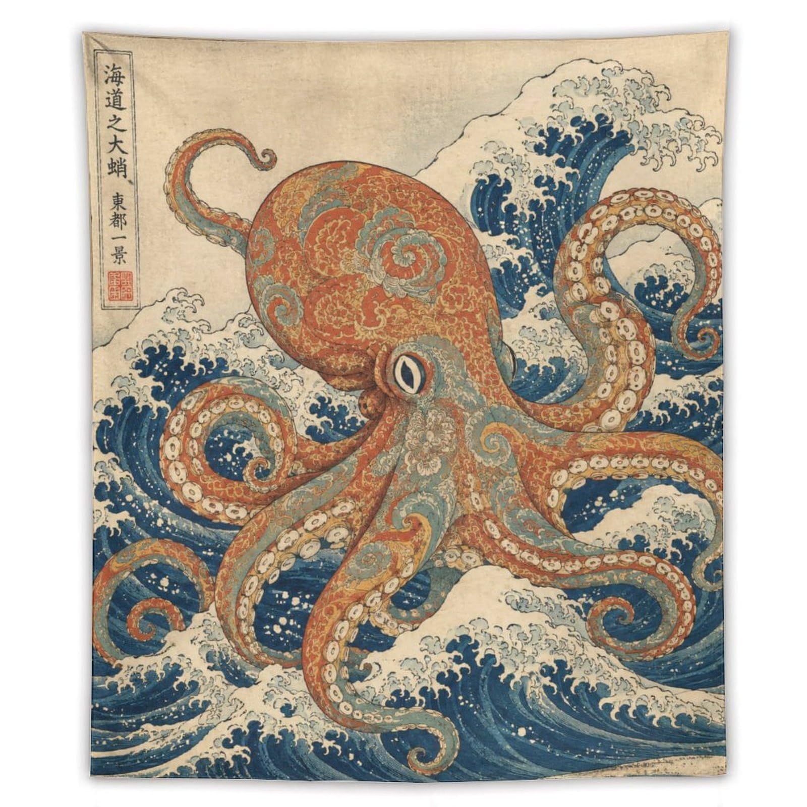 W7C8U2X3 Octopus and Wave Wall Tapestry, Ukiyo-e Style, Japanese Folk