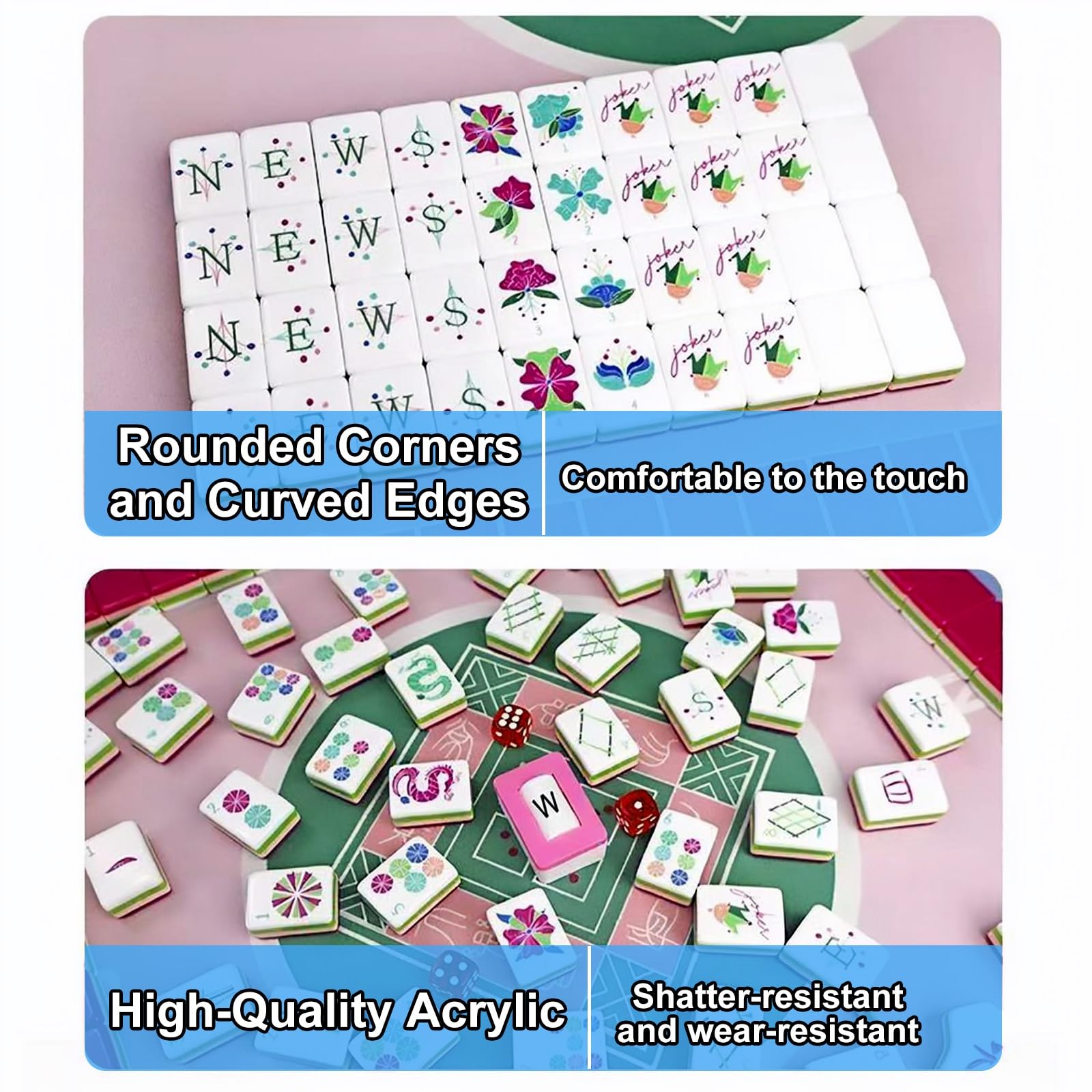 Kafelki Mahjong 4 Warstwy Zestaw 160 Sztuk Akryl z Kostkami | Grawerowane Czterowarstwowe Kafelki na Wieczory Rodzinne Imprezy Spotkania(Purple Fan)