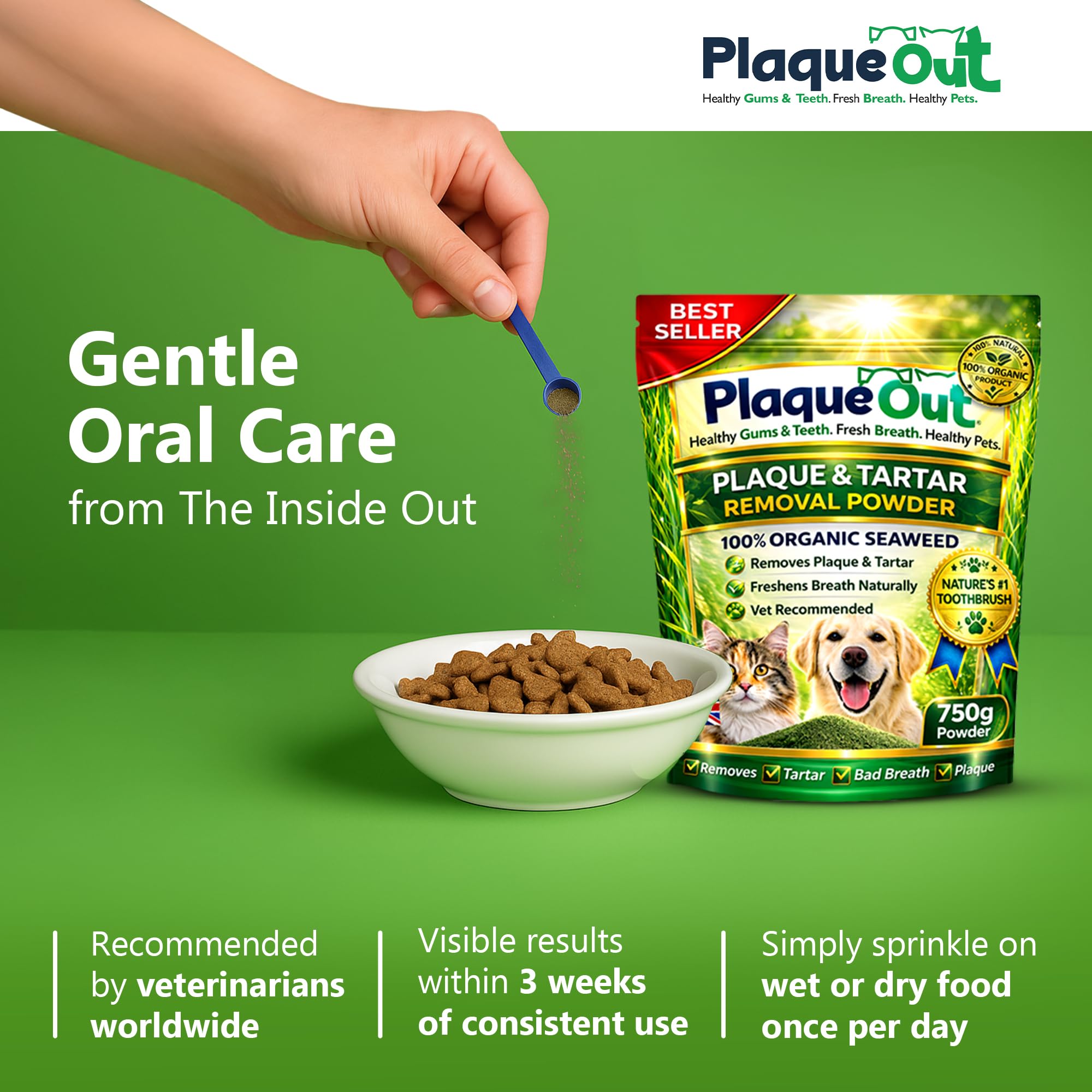 PLAQUE OUT Extractor de placa de sarro en bolsa, 100 % natural y orgánico, cuidado de las encías de los dientes del mal aliento para perros y gatos (750 g)