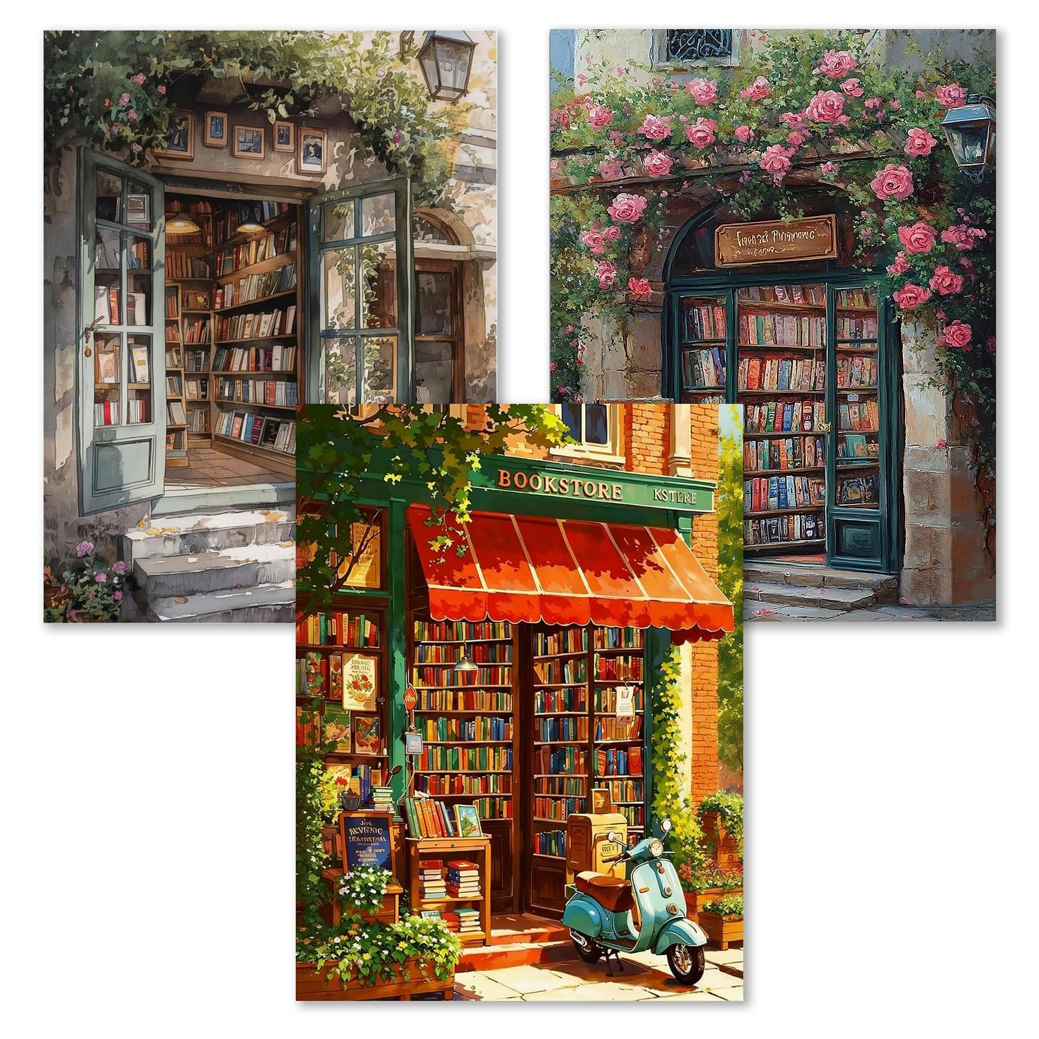 PHANTASYART 3 Pack Paint by Numbers for Adults-Bookshop Painting by Numbers for Adults,DIY Oil Adult Paint by Numbers Canvas Kits Perfect for Gifts and Home Wall Decor 12x16in