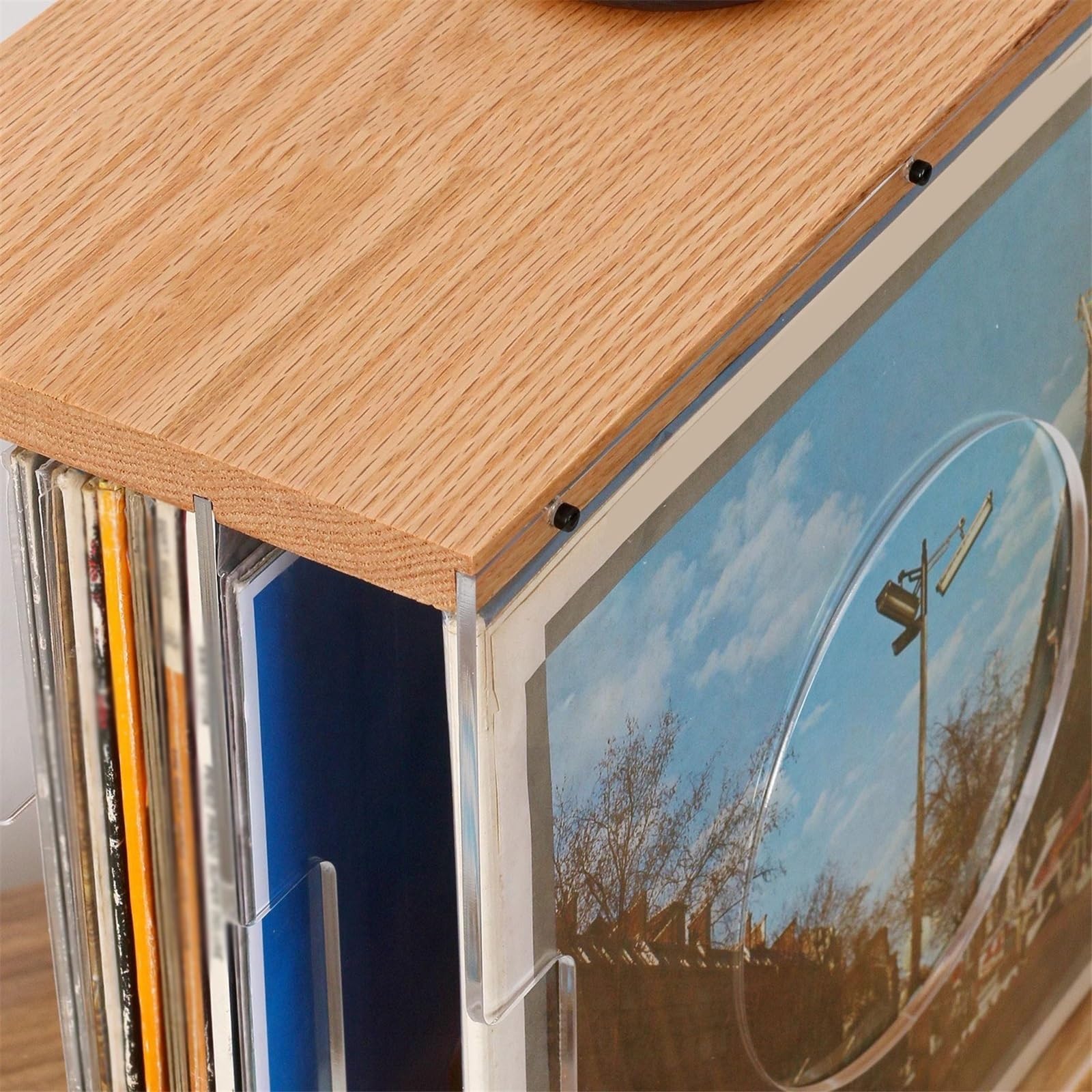Scaffale per dischi in vinile, custodia per CD in legno con divisori in acrilico trasparente, supporto per dischi per l'organizzazione domestica, adatta per dischi in vinile standard