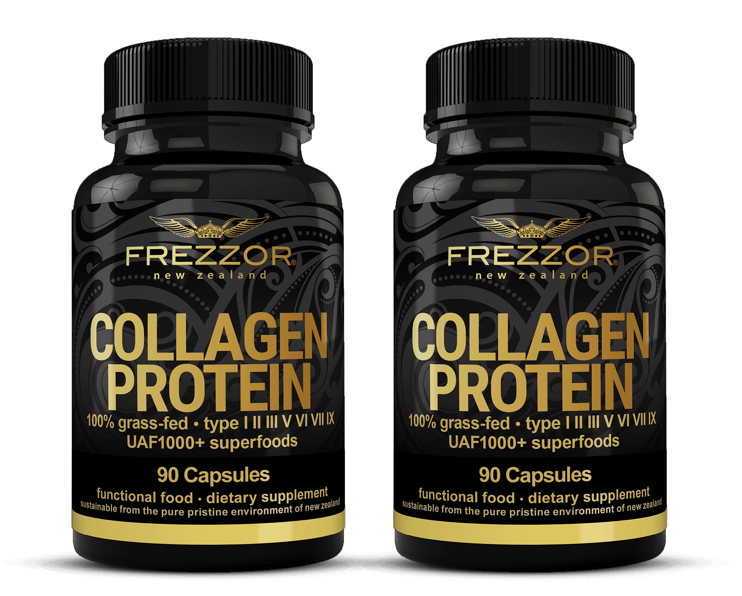 FREZZOR Bone Broth Protein Capsules, 100% Grass-Fed New Zealand Cattle Source, Joint, Skin, Hair & Nail Support, Amino Acids, 90 Capsules, 2 Count