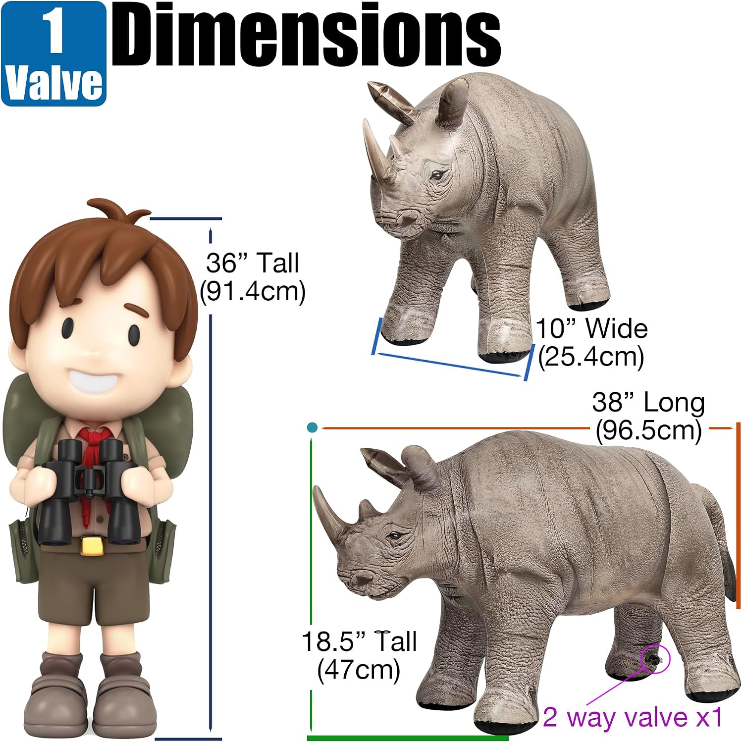Jet Creations 36” Long Inflatable Rhinoceros Toy – Gray Rhino Beast Figure for Safari Party Decoration, Wildlife Photo Prop, Realistic Design, Easy to Inflate, 1 pc