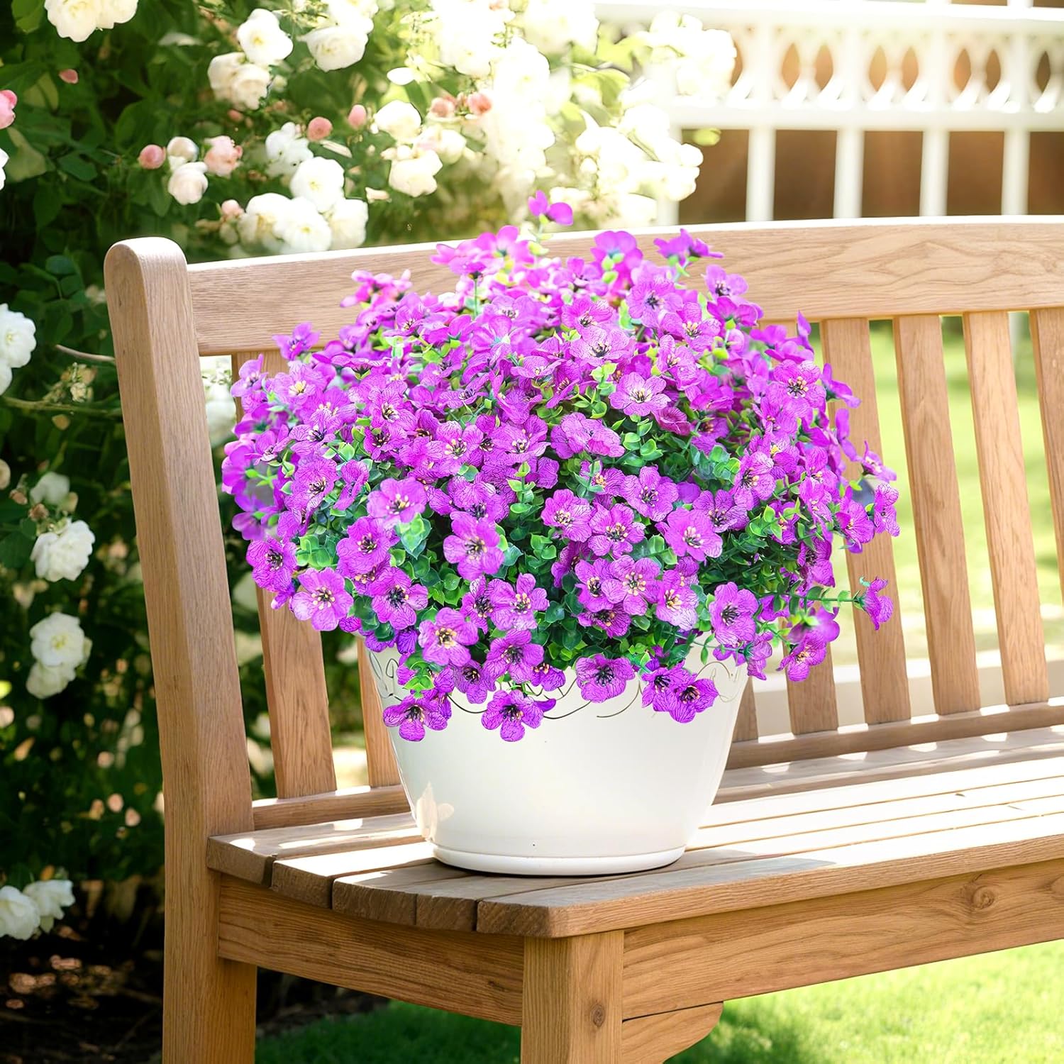 Artificial Flowers for Outdoors,Faux Flowers Daisy with Eucalyptus Leaves for Indoor Garden Home Decoration,UV Resistant Artificial Flower Fake Plants for Porch Patio, 12 Bundles (Purple)