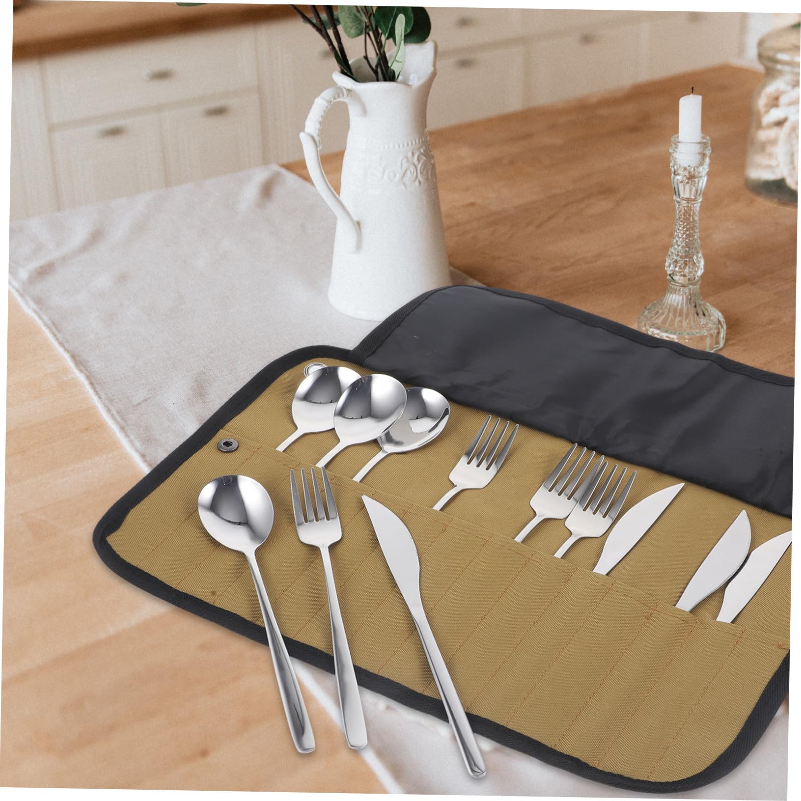 Tragbares Besteckset 1 Satz aus Edelstahl, Silber, mit Tasche | Picknickzubehör, Kompakt Verstaubar, Nylon Bestecktasche, für Restaurant und Outdoor Einsatz