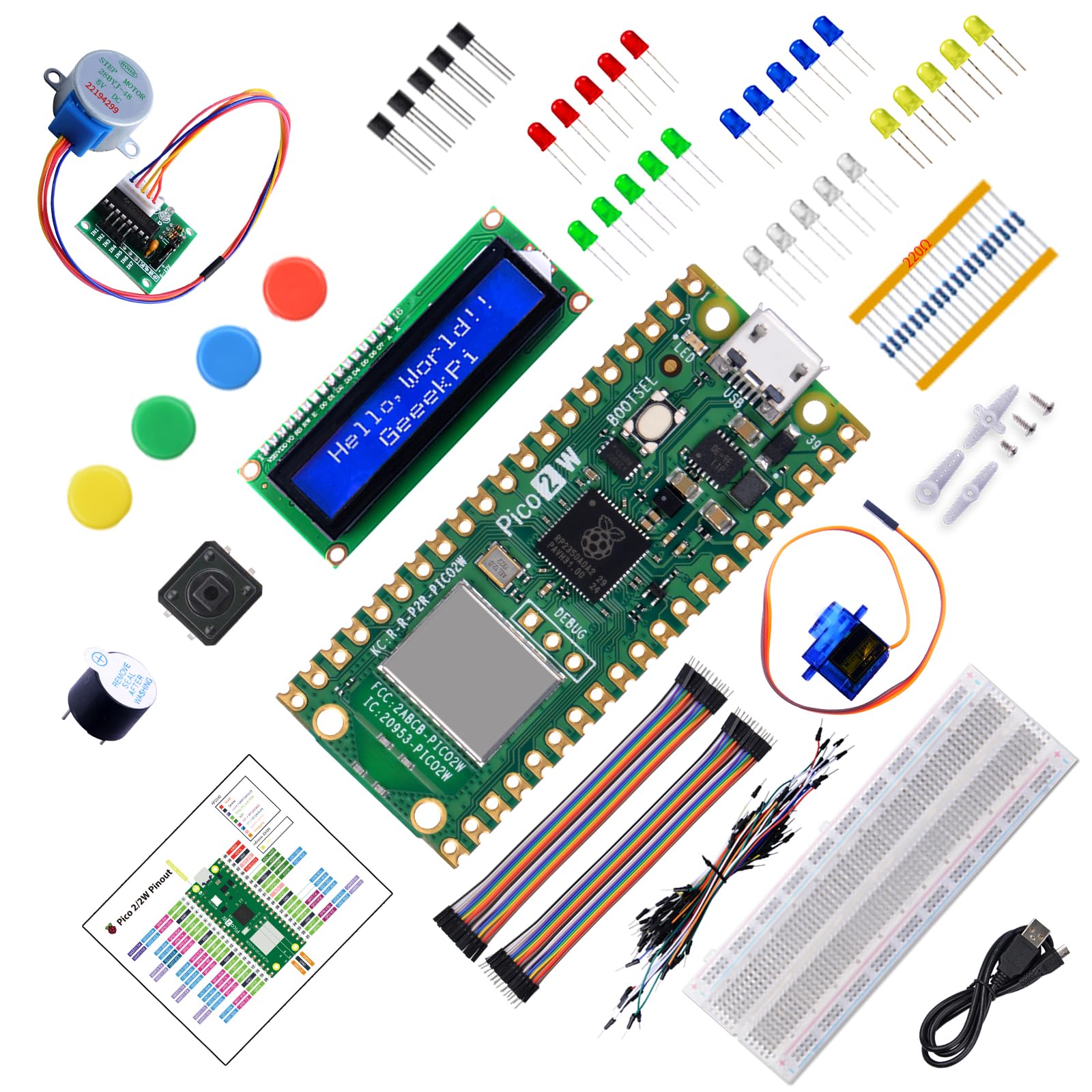 GeeekPi Kit de démarrage pour Raspberry Pi Pico 2W (inclus), Dual Arm Cortex-M33 et microcontrôleur Dual Hazard3 RISC-V, avec tutoriel détaillé, 159 éléments, 9 projets, Python C Code