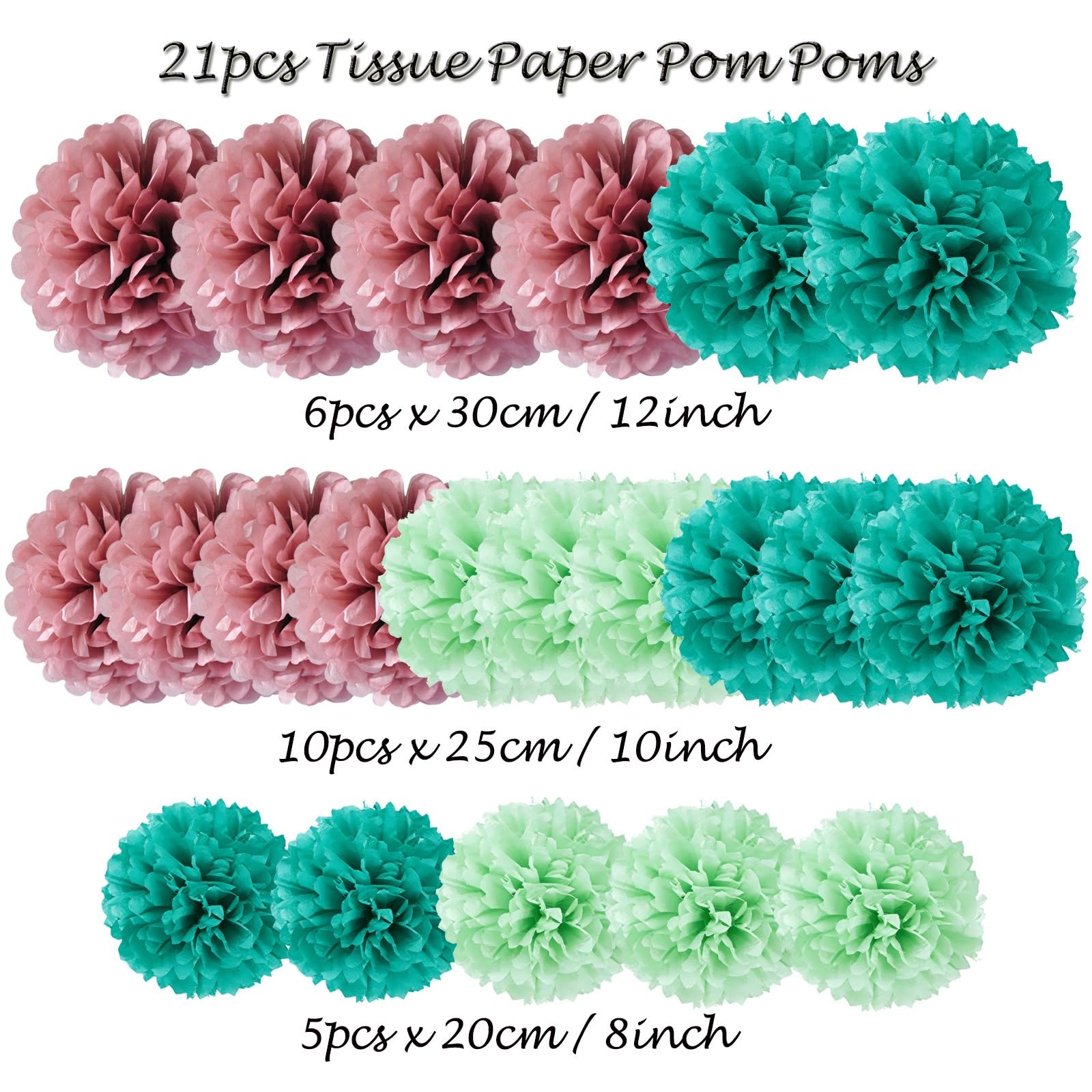 Pompons Deko 21 Stück Seidenpapier-Pompons | 20/25/30 cm Blumen, hängende Dekoration for Hochzeit, Party, Geburtstag, Hintergrund