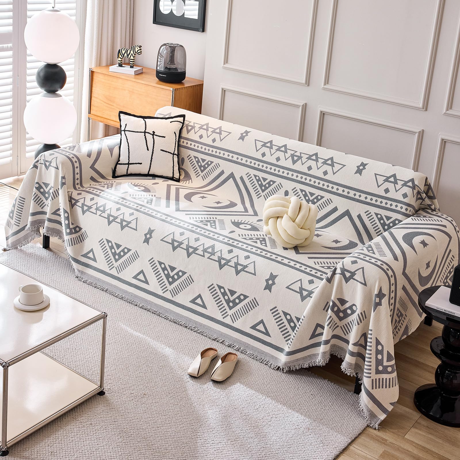 DREAMINGO Geometric Jacquard Sofa Slipcover Boho Beige Grey Chenille Couch Cover for 3 Cushion Couch Sofa Pet Friendly Exotic Style Furniture Protector for Sectional Couch, X-Large 71"x134" — image 1