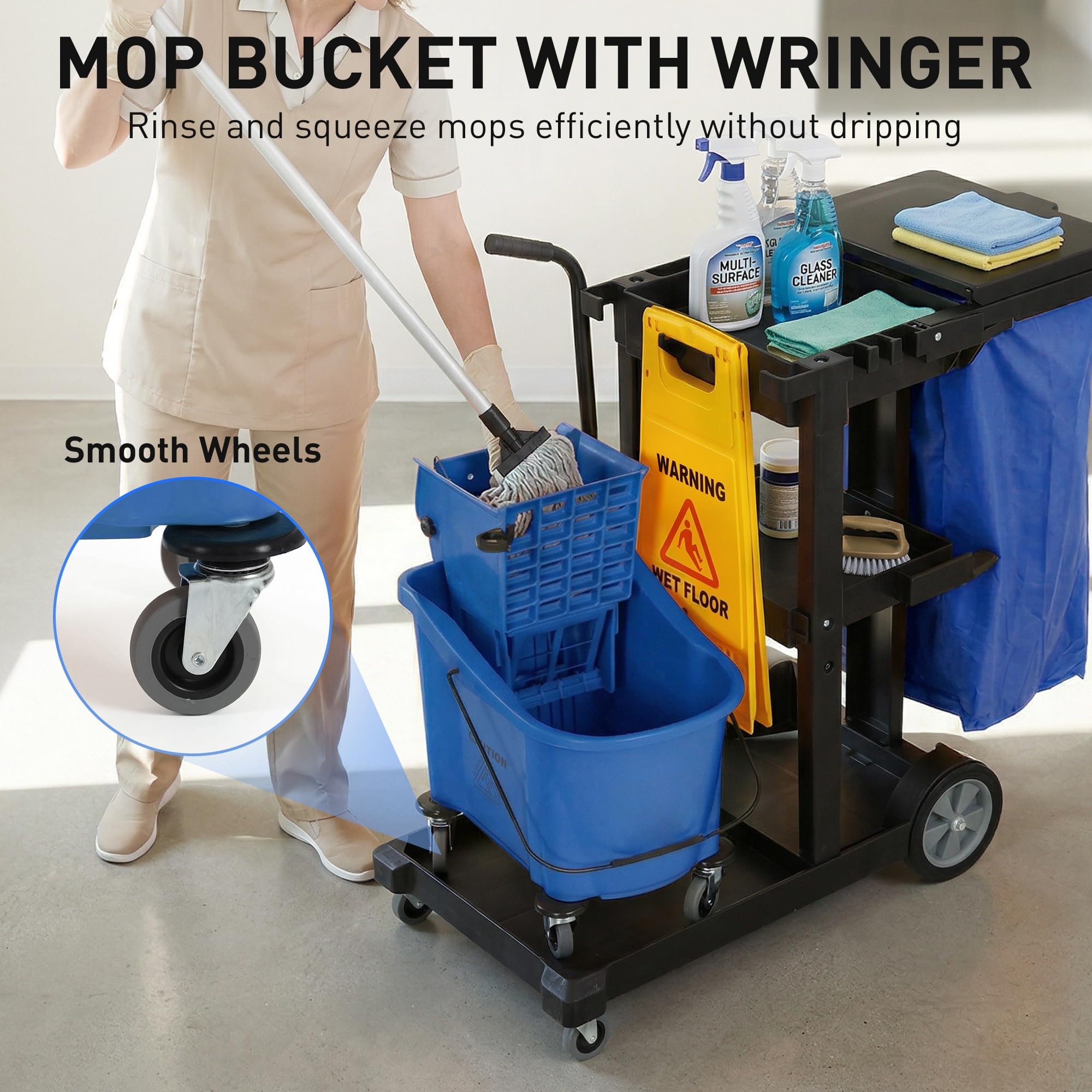 HOMCOM Putzwagen Reinigungswagen 3 Ebenen 70 L Müllsack mit Abdeckung Rollen Moppeimer mit Presse Werkzeughaltern Warnschild 122x46,5x101 cm