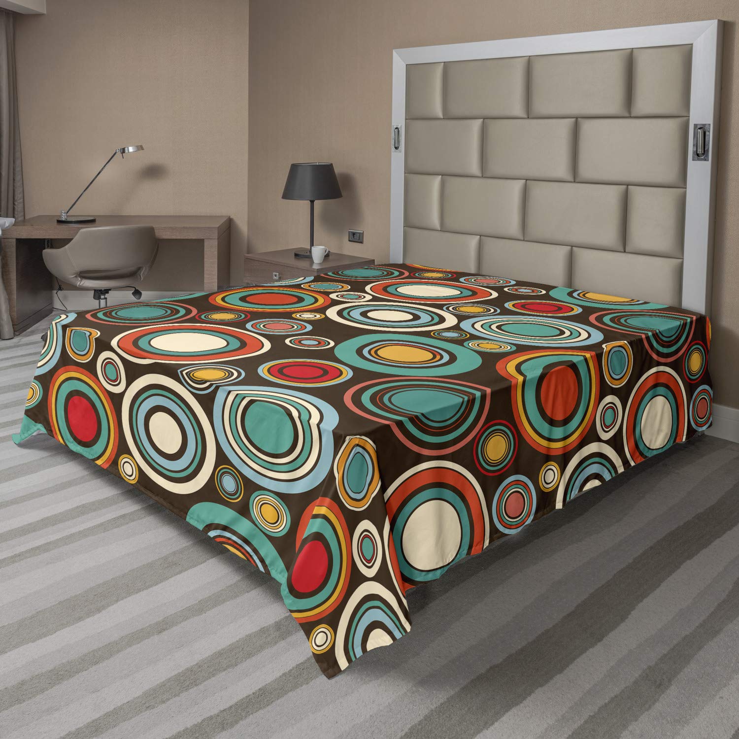 Lunarable Retro Flat Sheet, Vintage Style Round Shapes Colorful Bullseye Circles Pattern on Dark Brown Background, Soft and Comfortable Top Sheet Decorative Bedding 1 Piece, Full Size, Multicolor