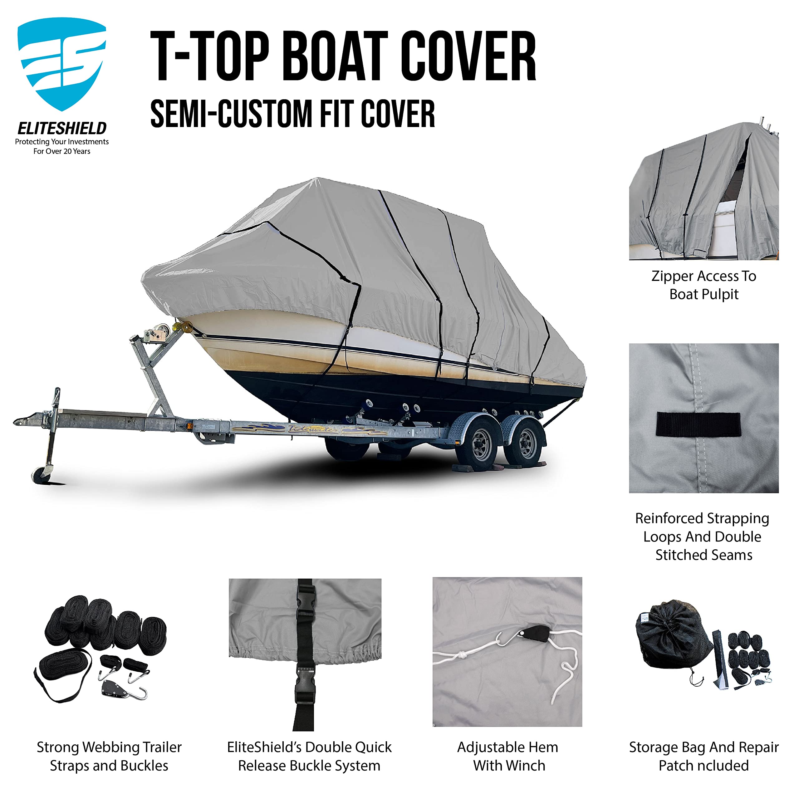 Eliteshield Heavy Duty T Top Hard Top Boat Cover, Marine Grade Solution-Dyed Polyester, UV Treated, Water Resistant, Fade Resistant, Tear Resistant Gray Color 29 ft - 30 ft Long, 120
