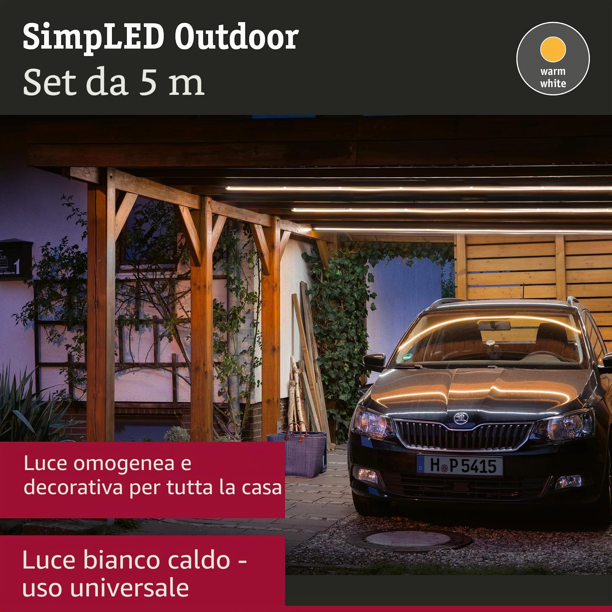Paulmann 78906 Set di strisce LED per esterni, SimpLED, 5 m, luce bianca calda, con 1 striscia luminosa da 20 Watt, in plastica, 3000 K