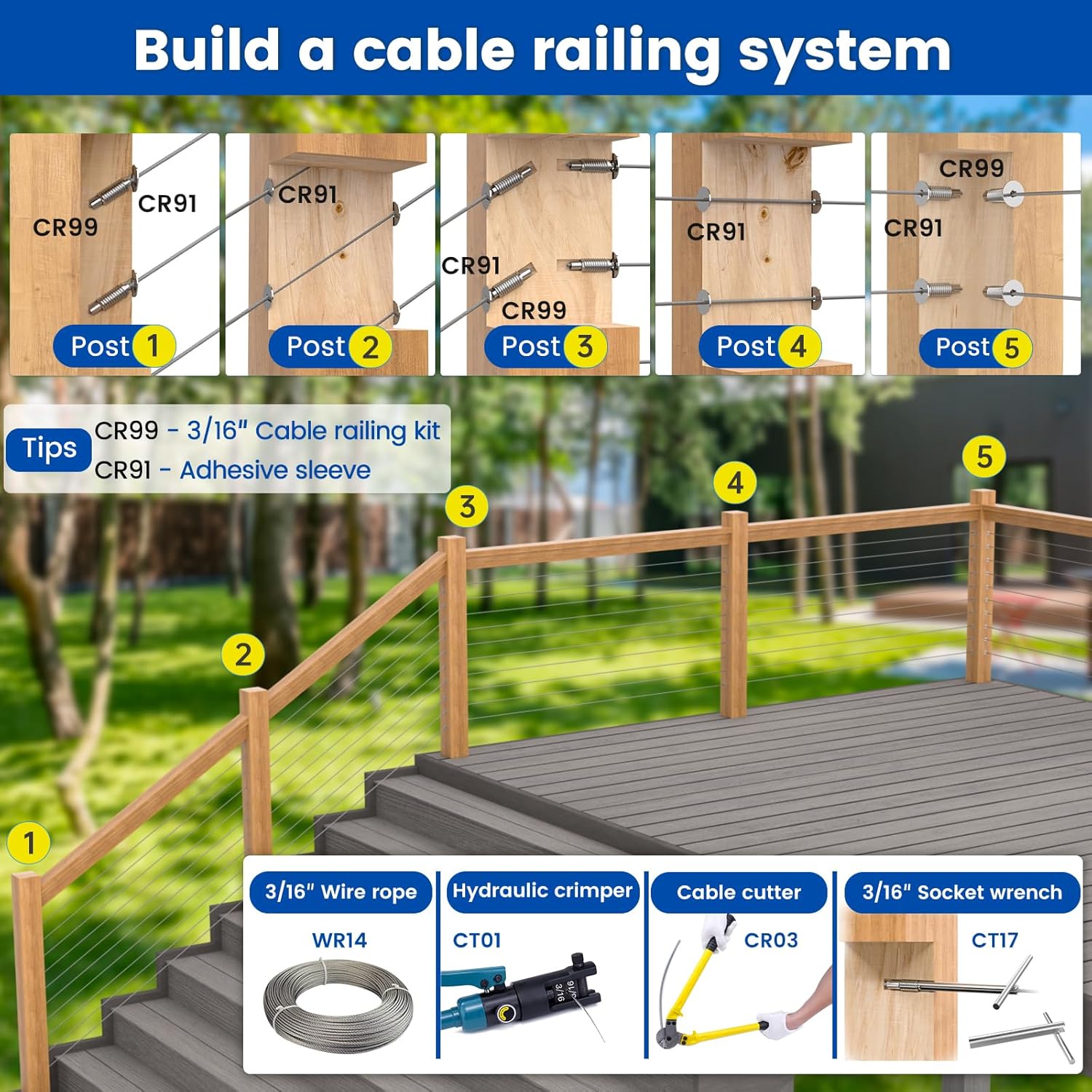 [Patent] Muzata 20 Pack 3/16" Invisible Cable Railing Kit Hardware Swage Lag Screw Hidden for 4x4 6x6 8x8 Wood Posts T316 Stainless Steel Deck Cable Railing System 10 Pairs CR99