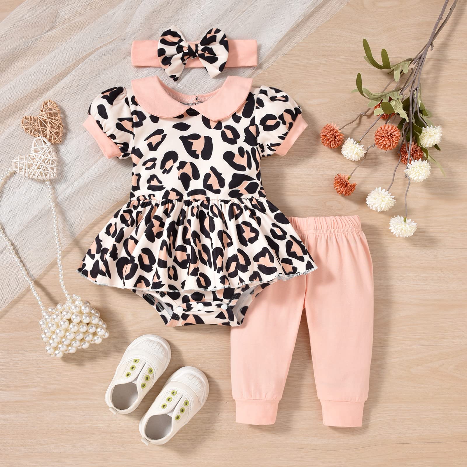 fioukiay Pink 3-6 Months Baby Girls Clothes Infant Girls Leopard Outfits Pants Clothing Set Spring Summer Outfits