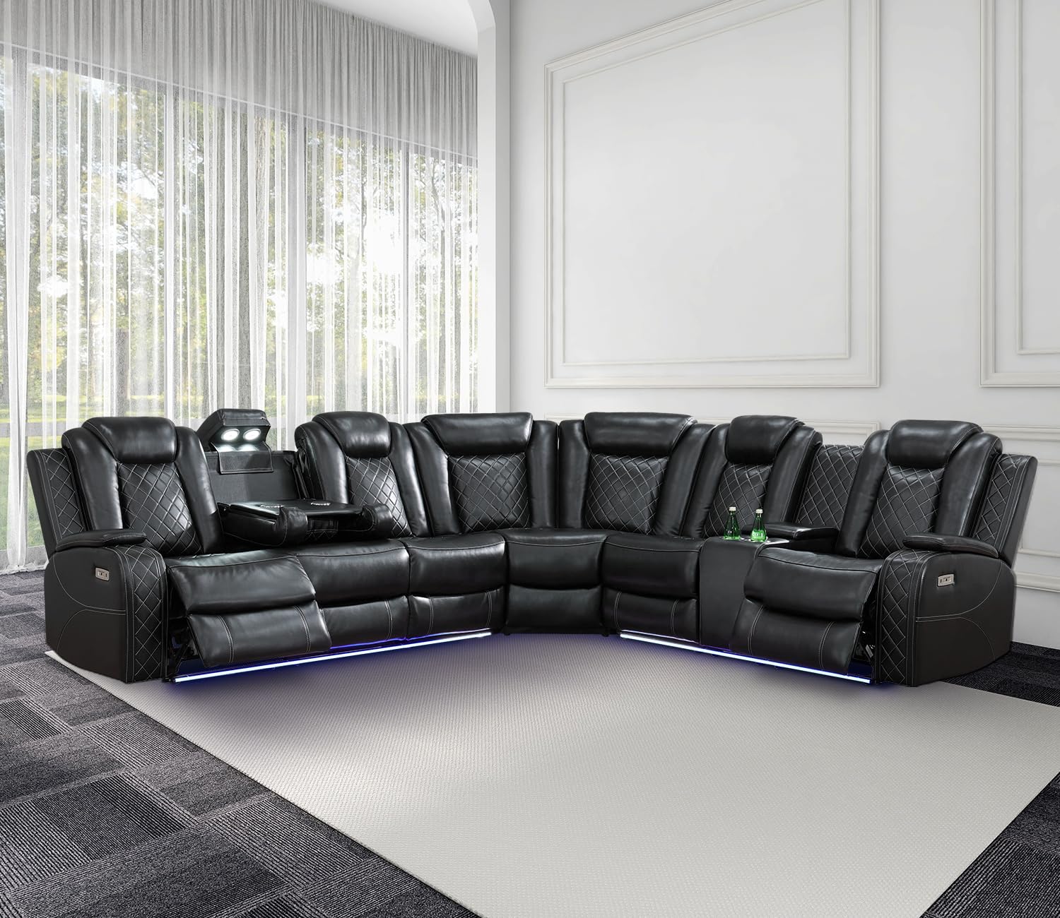 Power Recliner Sofa Sectional Couch with LED Light for Living Room,Leather Reclining Corner Sectional Sofa with 2 Recliner Seats,Cup Holder,Storage Console for House/Home Theater, Black