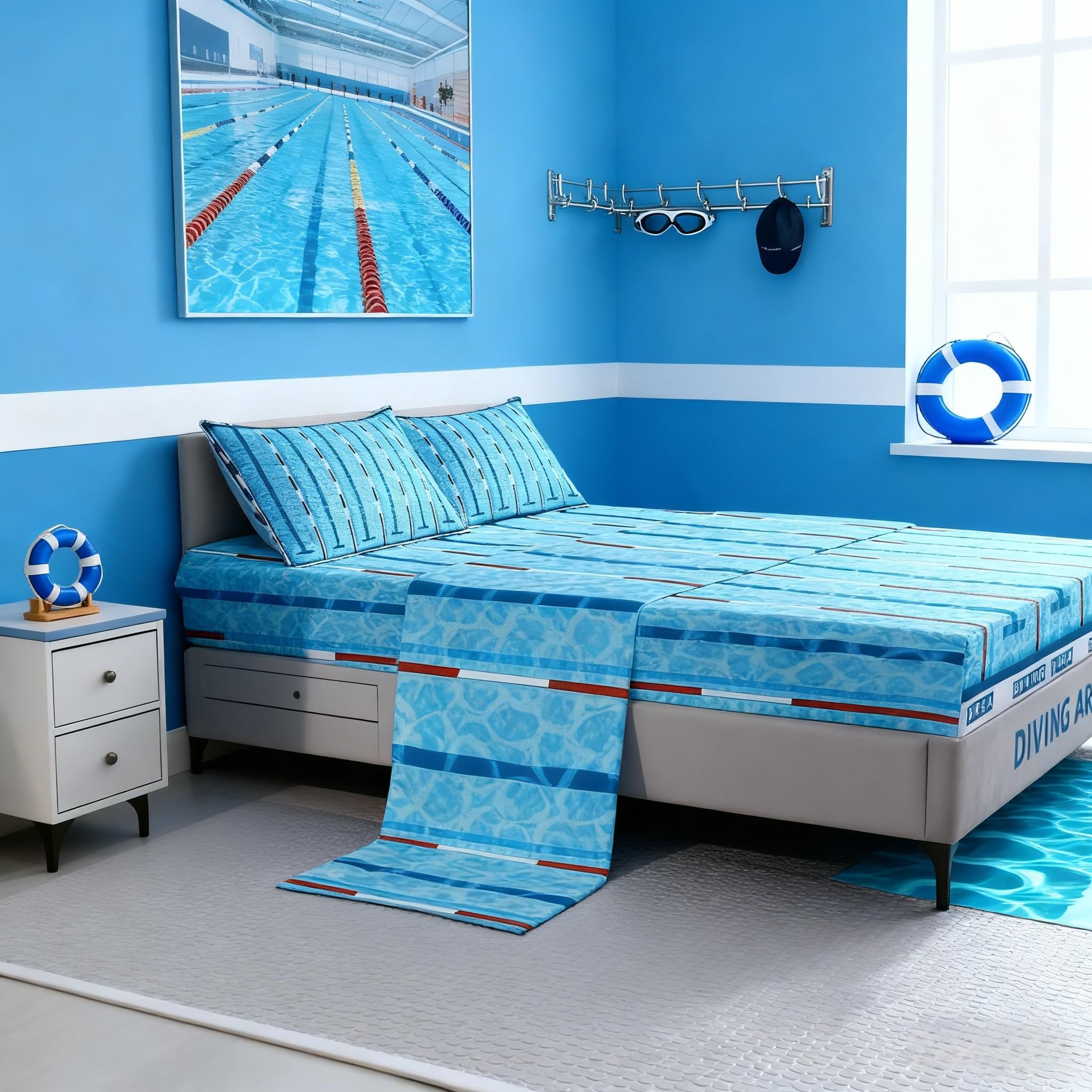 Set di biancheria da letto per bambini, per bambini, per letto singolo, stile moderno, alla moda, per ragazzi e adulti, decorazione per la camera da letto, piscina, chic, blu, 3 pezzi (angoli + piatto