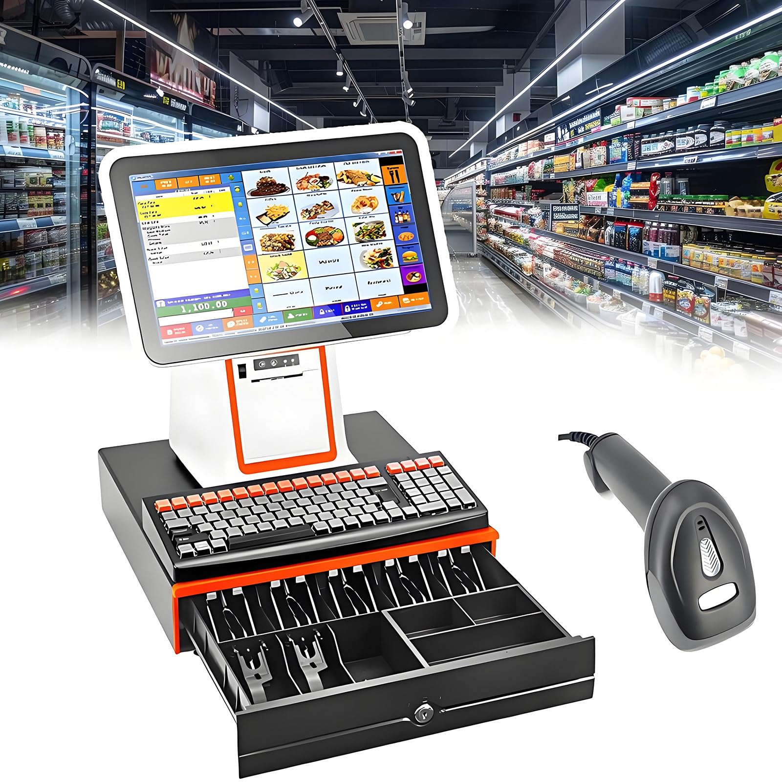 Registratore di Cassa Professionale Smart Pos all-in-One, Stampante Integrata, Touchscreen Capacitivo, Angolazione Regolabile per Vendita al Dettaglio, Ristorante E Piccole Imprese,White