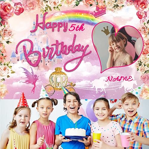 Miniatura 5 de Suministros decorativos personalizados para fiesta de cumpleaños de castillo de princesa, pancarta de fondo de cumpleaños rosa real para fiesta de