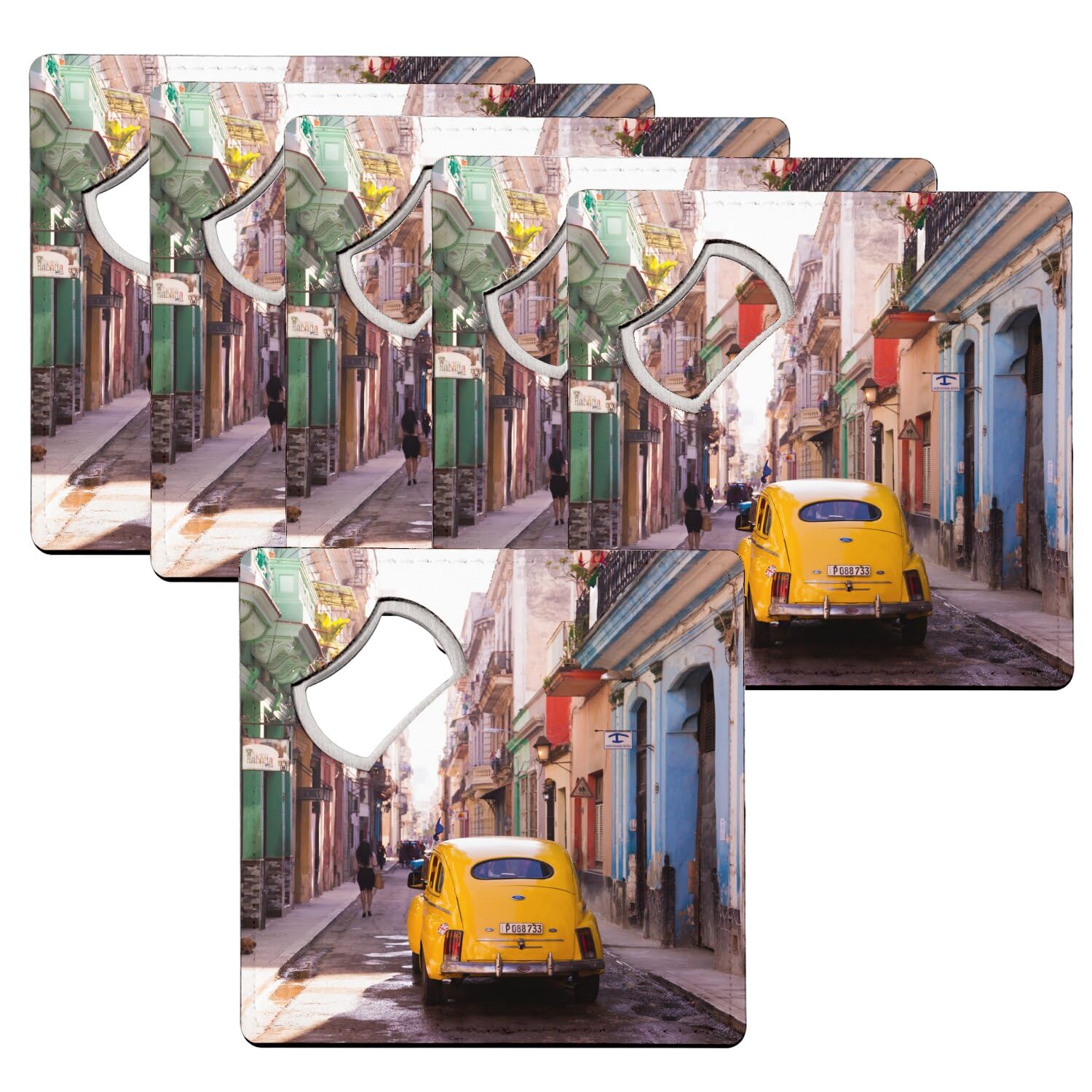 Sous-verre décapsuleur voiture jaune Cuba : lot de 6 dessous de verre vintage 92x92 mm