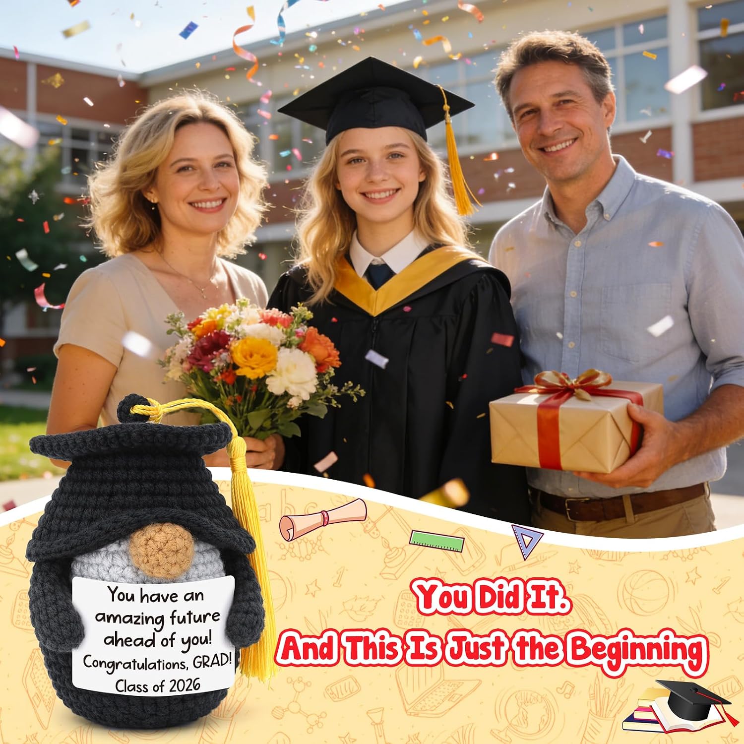 Graduation Gift for Her Him 2026, Handmade Crochet Graduation Gnome, Sentimental College High School Presents for Son Daughter, Class of 2026 Grad