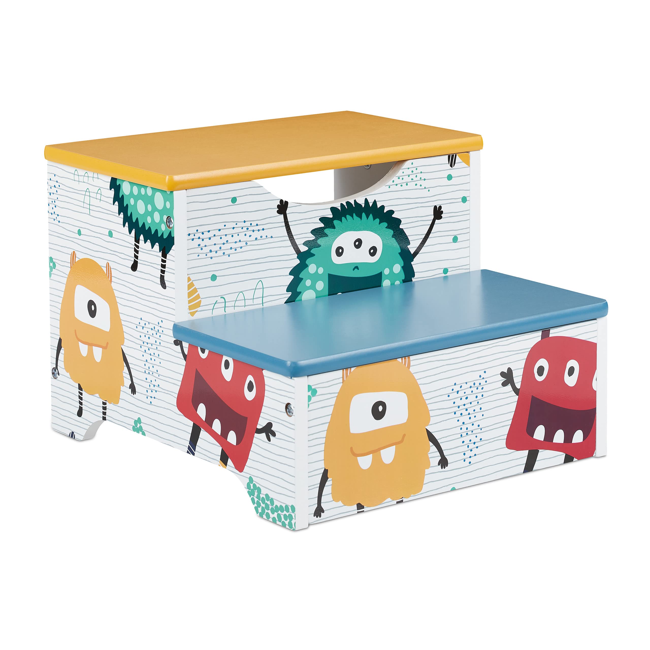 Relaxdays Taburete Infantil, Diseño Monstruos, Banqueta, 2 Escalones, 25 cm Alto, Baño, MDF, Peldaño Lavabo, Multicolor, Tablero de Fibras