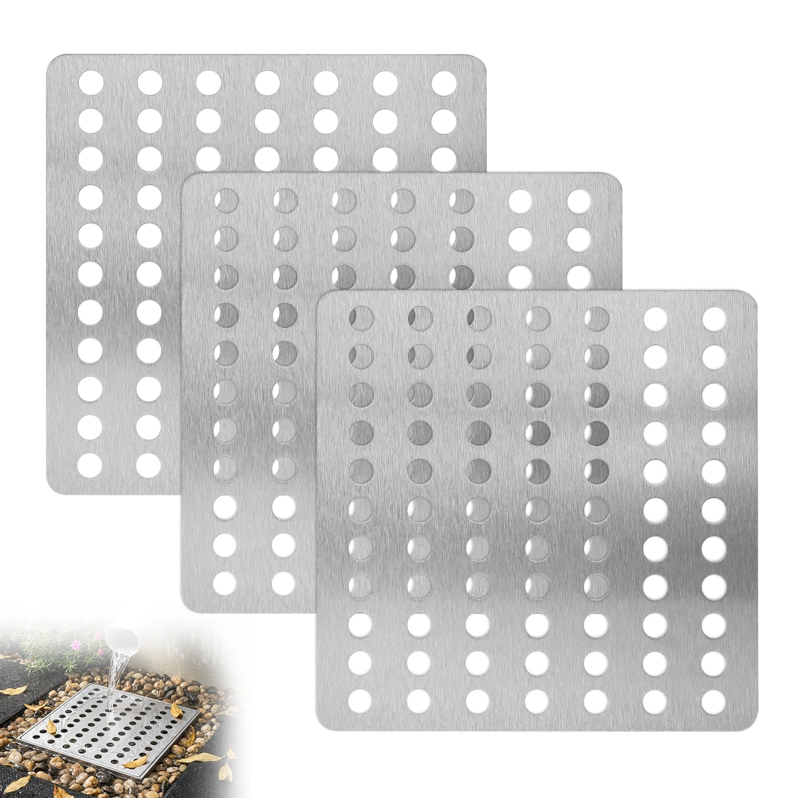 3 Pack Stainless Steel Drain Cover,15x15cm Square Outdoor Drain Cover,Rustproof Metal Stainless Steel Swirl Drainage,Mesh Drainage Covers,Leaves & Debris for Outside Drains,Garden & Shower Drainage