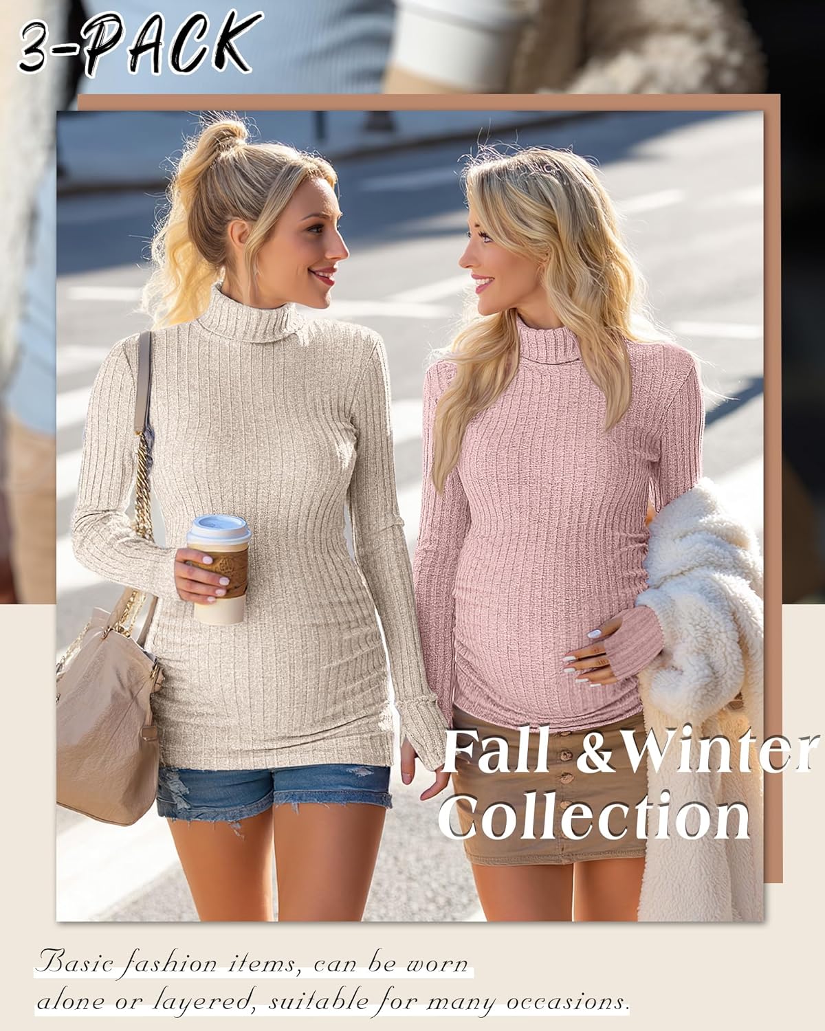 3 Pack Maternity T-Shirts Pregnancy Tops Women Sweater Long Sleeve Turtleneck Ribbed Finger Sleeve Outfits - Image 5
