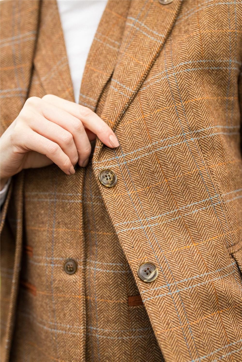 Women's Blazer Wool Blend Tweed Herringbone Checkered Tailored Fit Ladies Country Jacket