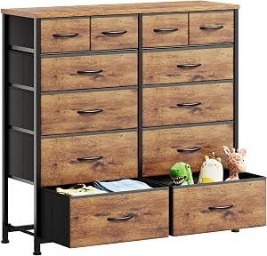 YeTom Dresser for Bedroom with 12 Drawers, Wide Storage Chest of Drawers with Removable Fabric Bins for Closet Nursery Bedside Living Room Laundry Entryway Hallway, Brown