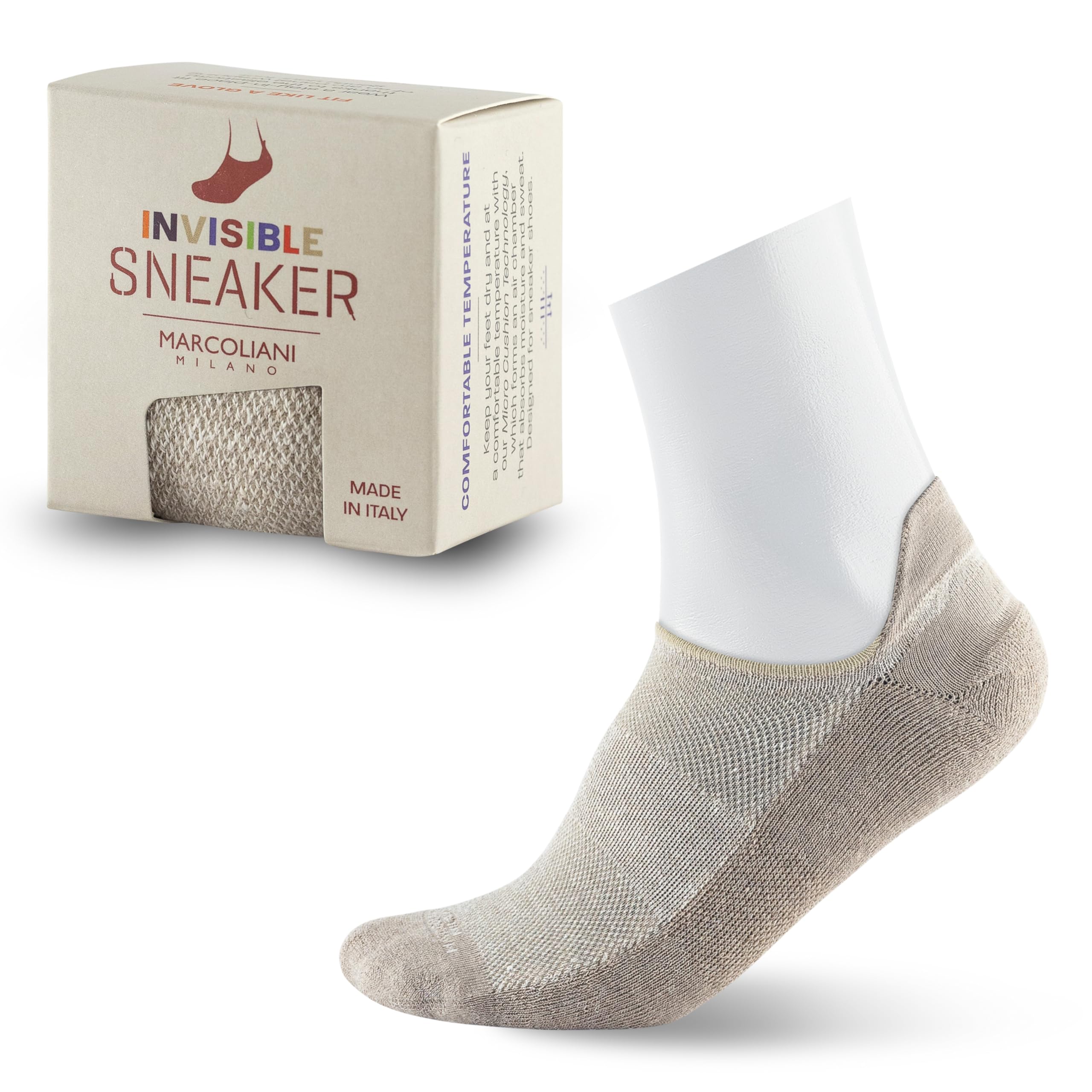 Marcoliani Milano Made in Italy - Sneaker Mens No Show Always Stay Up | Microcushion Technology | Linen Piquè