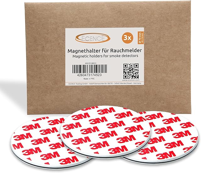 ECENCE 3pcs Magnetic Smoke Detector Mount Magnetic Adhesive Pads for Smoke Alarms Ø 70mm - Fast & Safe Mounting - No Drilling Or Screws - Fire Protection - Installation Tool