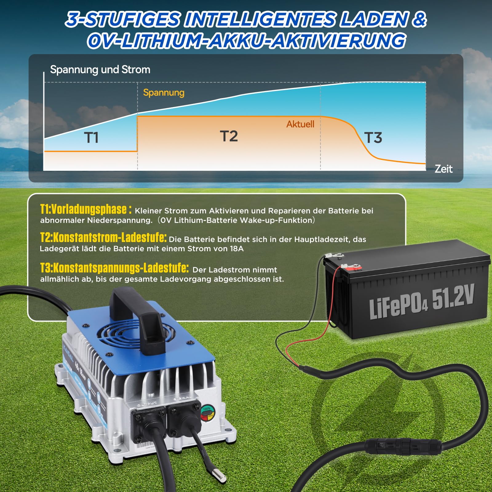 KAISAL 58.4V 18A LiFePO4 Ladegerät, LiFePO4 Batterieladegerät für 48V(51.2V) Lithium Eisenphosphat, Lithium Batterie Ladegerät IP67 Wasserdicht 48V Ladegerät für Wohnmobile, Boot, Solar, Golfwagen