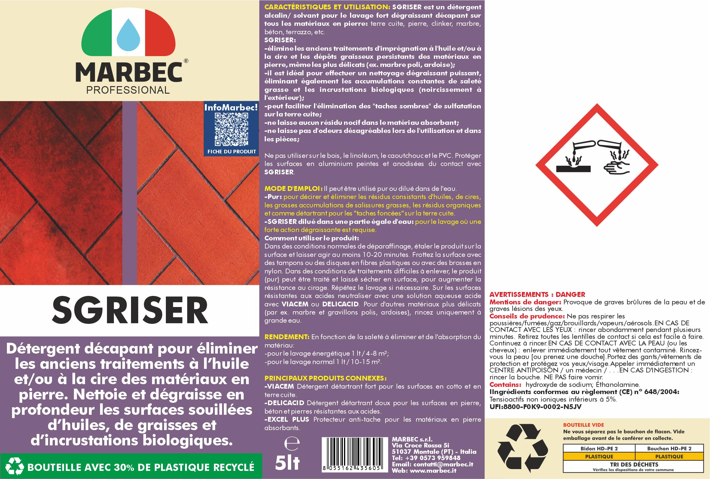 MARBEC SGRISER 5LT Détergent décapant fort pour pierre