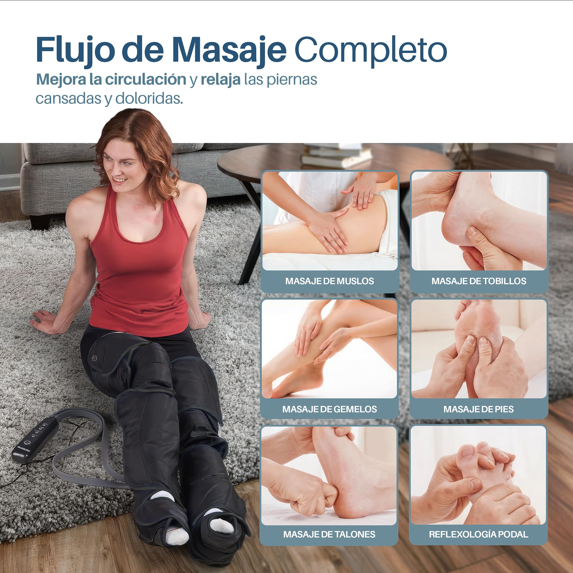 PORTENTUM Botas de presoterapia para casa con calor regulable – Masajeador piernas con 5 niveles de compresión de aire – Mando – Alivia piernas cansadas y mejora la circulación – Bolsa transporte