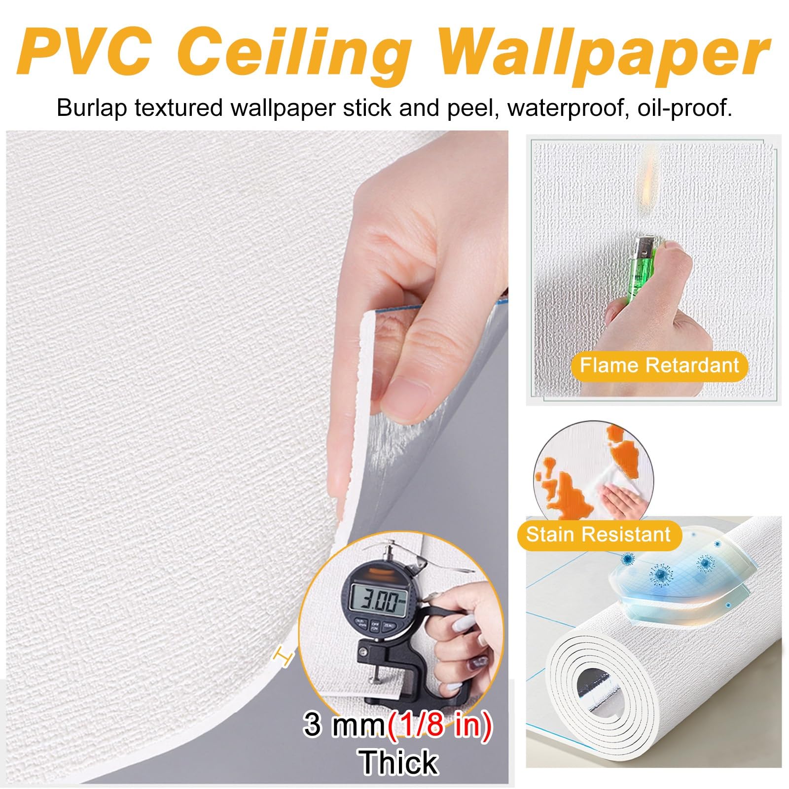 Dalle De Plafond Interior Self Adhesive Ceiling Panels White, PVC Faux Linen Textured Bedroom Basement Ceiling Wallpaper Stick On, Waterproof Wall Covering For Any Room, Cutting(Width 19.7",Length 197 - View #4