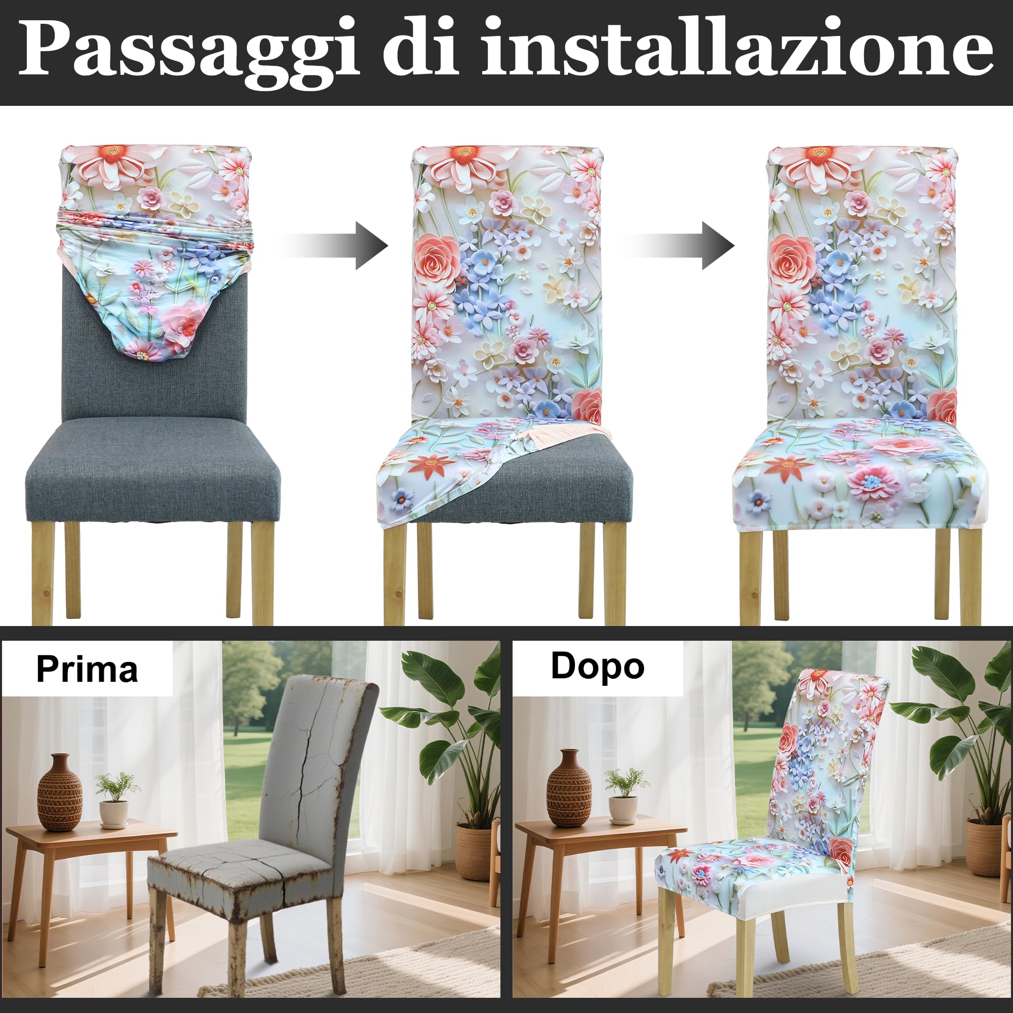 coprisedia con schienale、coprisedia elasticizzati、coprisedie antigraffio gatto、copri sedia da ufficio (set da 2/4/6 pezzi con schienale) per salotti, cucine, feste e hotel. (6, Fiori colorati)