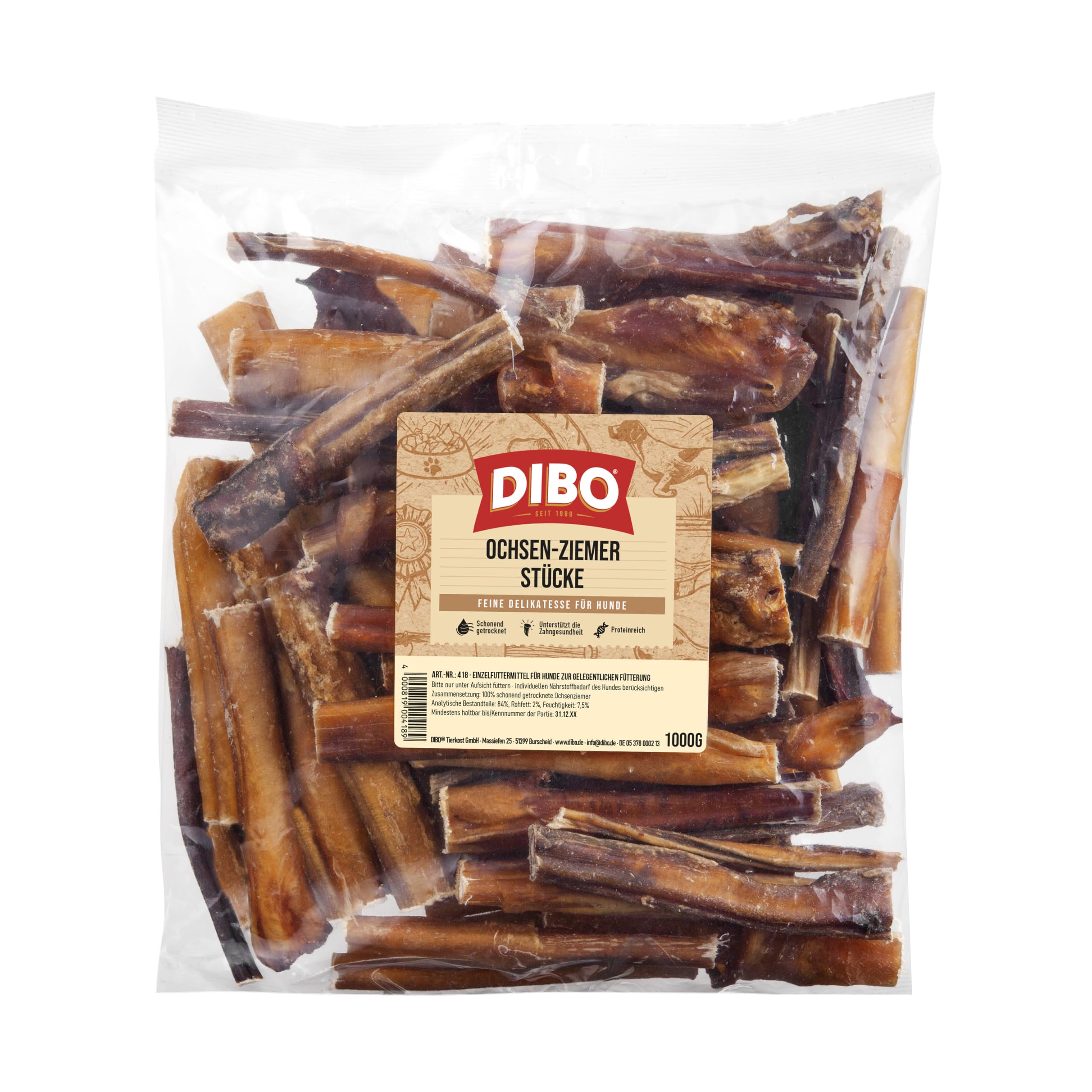 DIBO Ochsen-Ziemer, 12 cm, worek 1000 g, naturalna przekąska do żucia lub smakołyki, karma dla psów, wysokiej jakości produkt do żucia bez dodatków chemicznych 1 kg