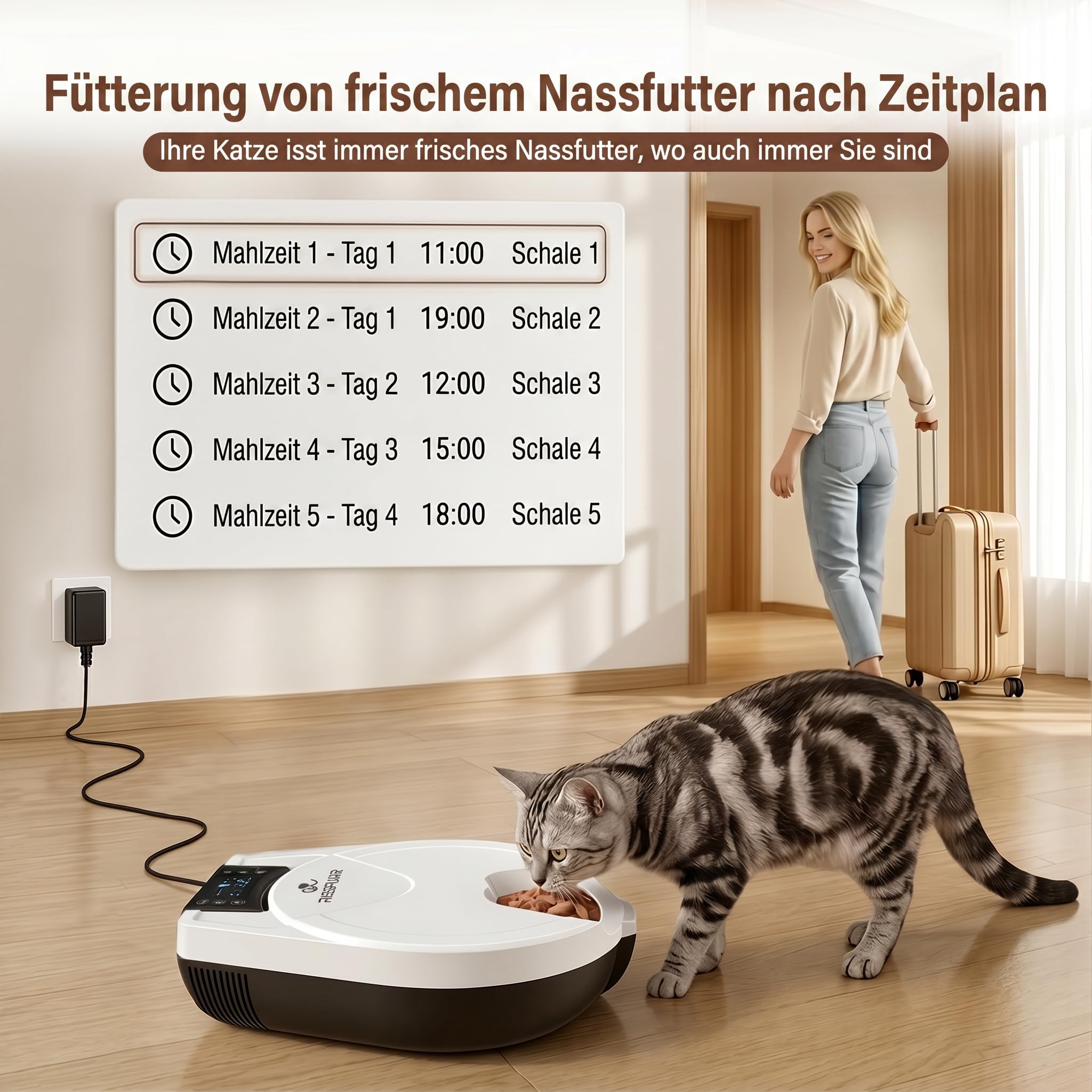 Comedero automático para gatos con refrigeración, función de temporización, 5 compartimentos, tecnología de refrigeración de semiconductores