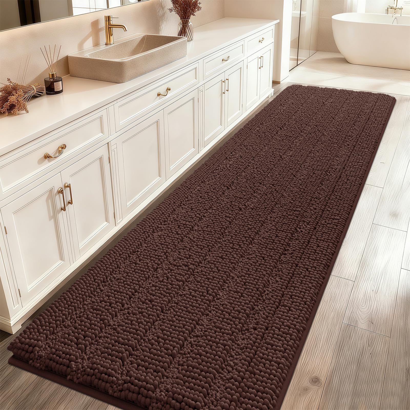 ACCUMTEK Striped Brown Bathroom Rug Mat 59"x20" Ultra Soft, Non Slip Chenille Bath Rugs, Absorbent Plush Shaggy Bath Mats for Bathroom, Bedroom,
