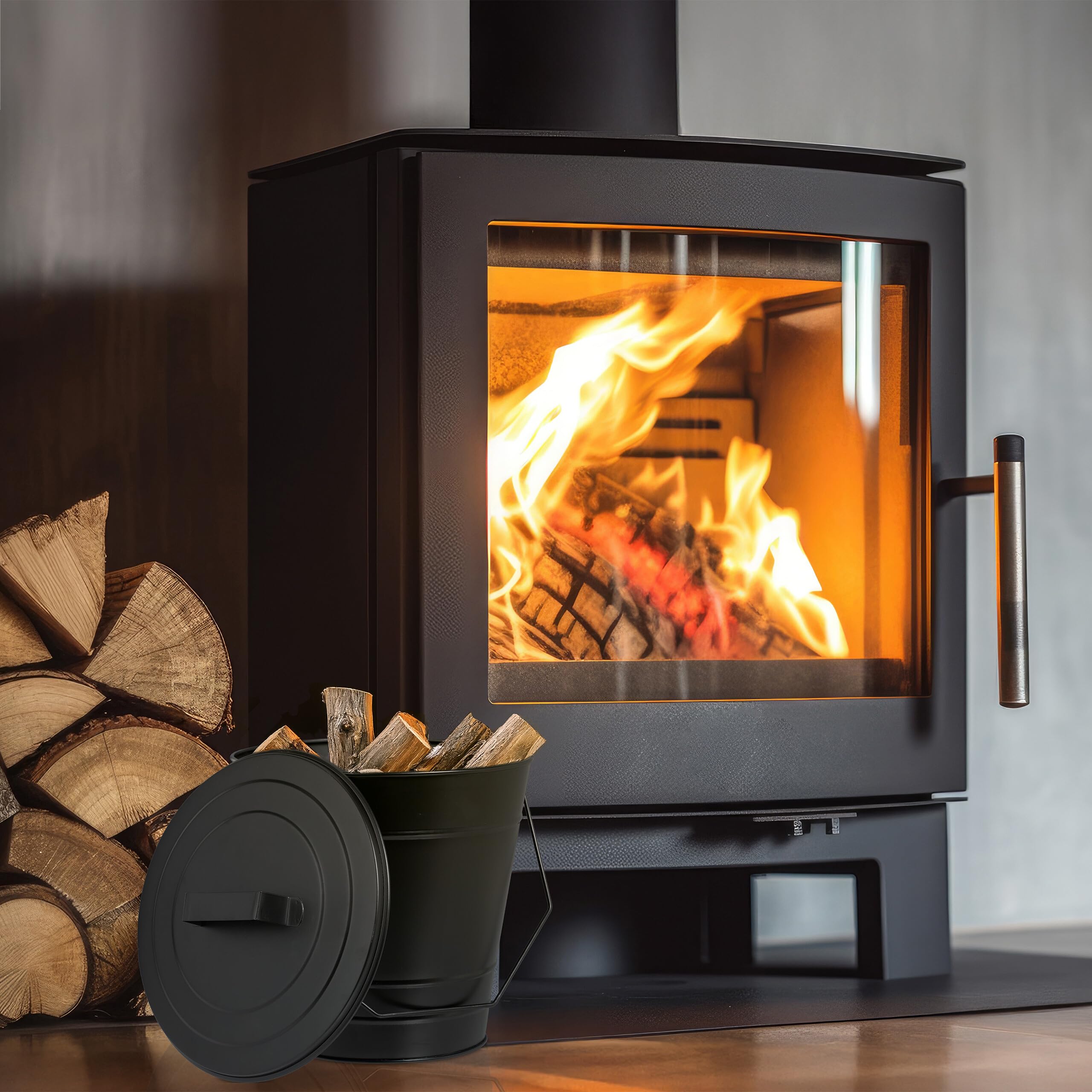 Relaxdays Cubo para Cenizas con Tapa, 7 L, Accesorio para Chimenea, Estufa, con Asa, Almacenar Carbón, Hierro, Negro