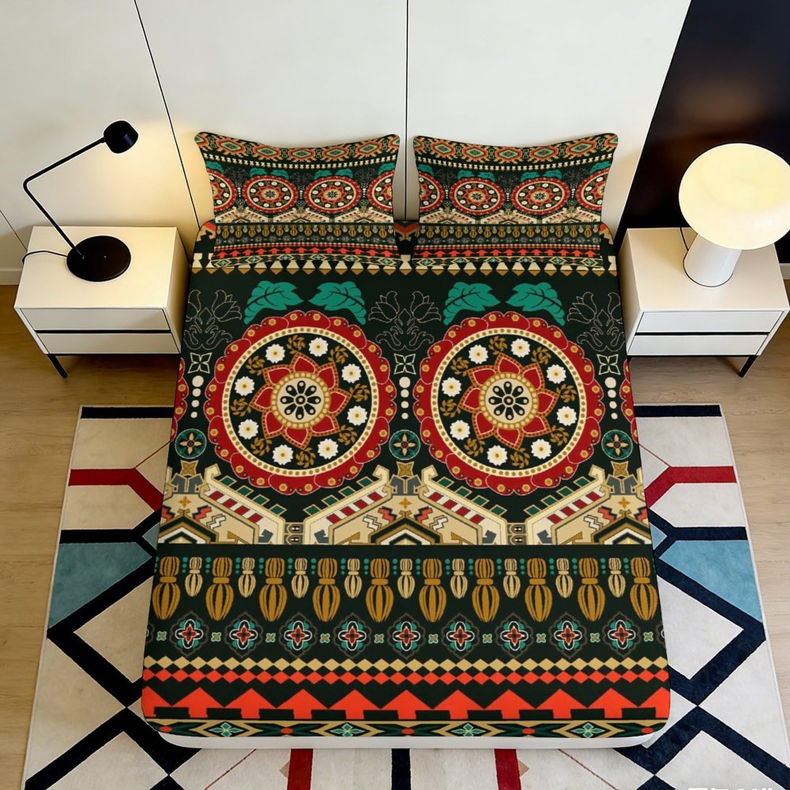 3D Printed Boho Mandala Fitted Sheet Microfiber Soft Ethnic Geometric Mattress Cover for Bedroom Guestroom Decor 90x200x25cm