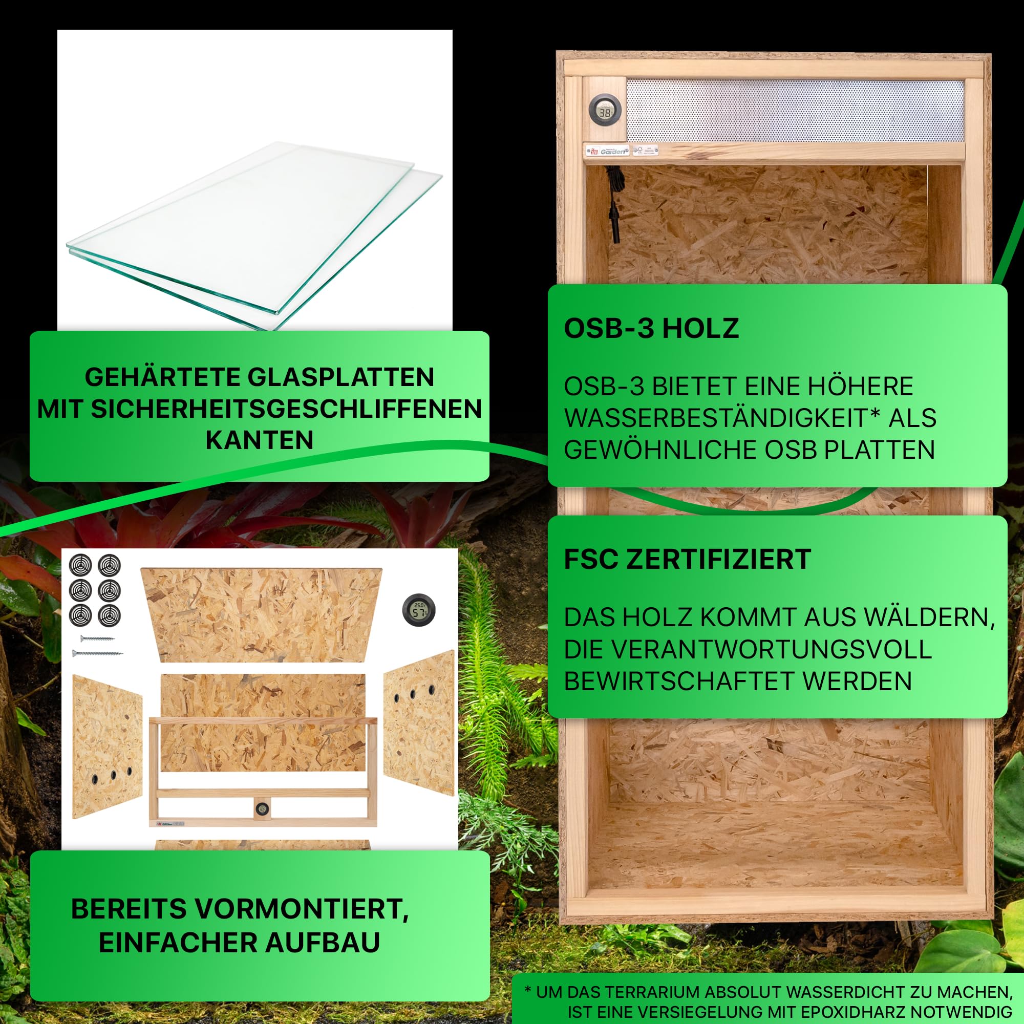 ITA Hochterrarium 60x120x60 cm mit Frontbelüftung & Integriertem Hygrometer - Holz Terrarium aus OSB-3 Platten - Terrarien für Reptilien, Schlangen, Amphibien - EU Produkt, FSC Zertifiziert