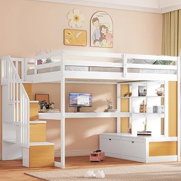 SOFTSEA Full Loft Bed with Desk & Storage, Solid Wood Loft Bed with Shelves & Drawers, Space Saving Stairway Loftbed with Storage Stairs for Kids Teens Adults, No Box Spring Needed, White Natural