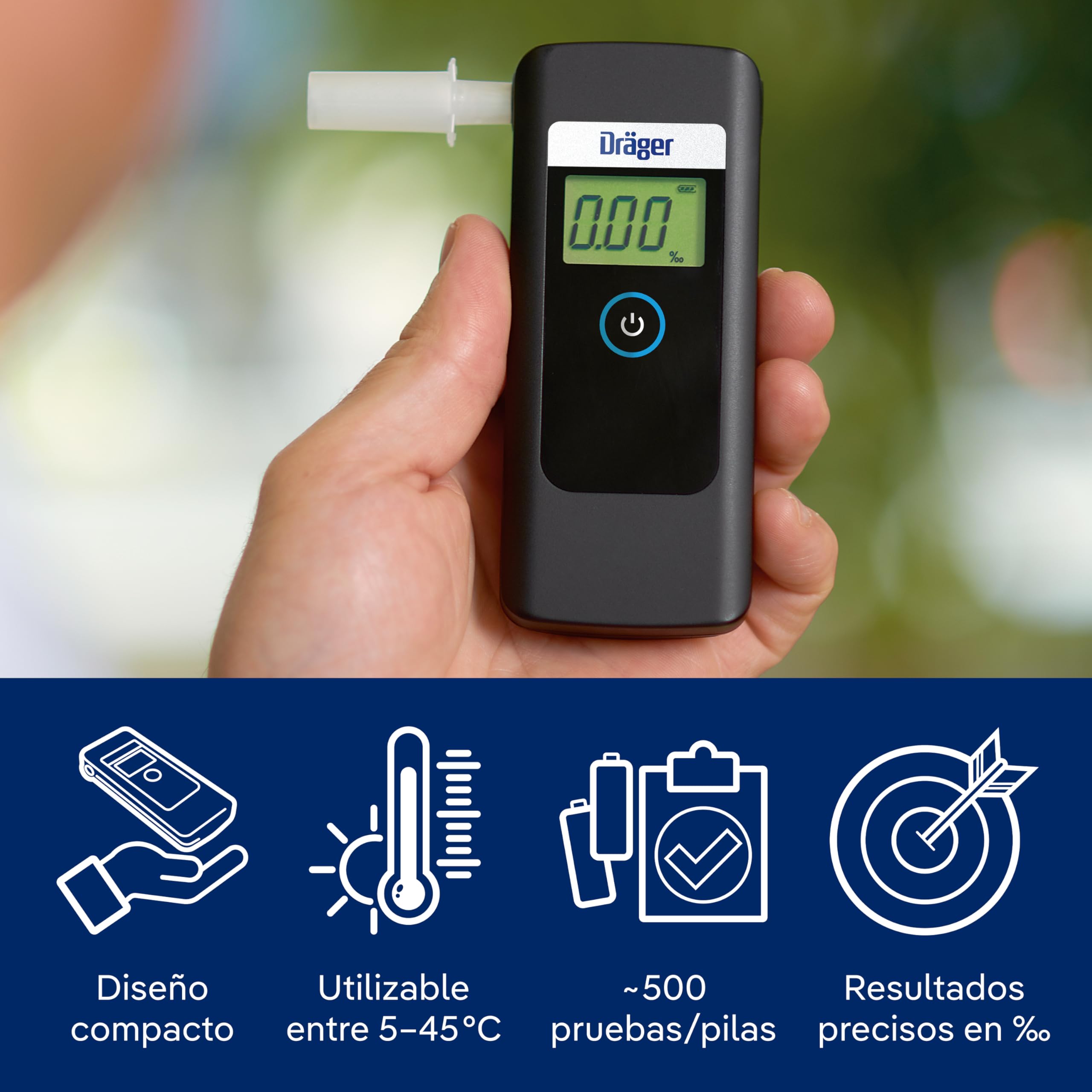 Dräger Alcotest 1000 Alcoholímetro Homologado con Sensor Avanzado – Tester Digital, Portátil para Coches, Hogar y Trabajo, Control de Alcohol con Resultados Rápidos y Boquillas Reutilizables