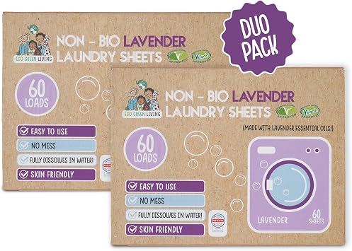 Eco Green Living Non Bio Lavender Detergent Sheets, Hypoallergenic & Eco-Friendly Laundry Sheets Detergent, Plastic-Free Washer Sheets Gentle for Sensitive Skin, Biodegradable, 2 Pack of 60 Sheets