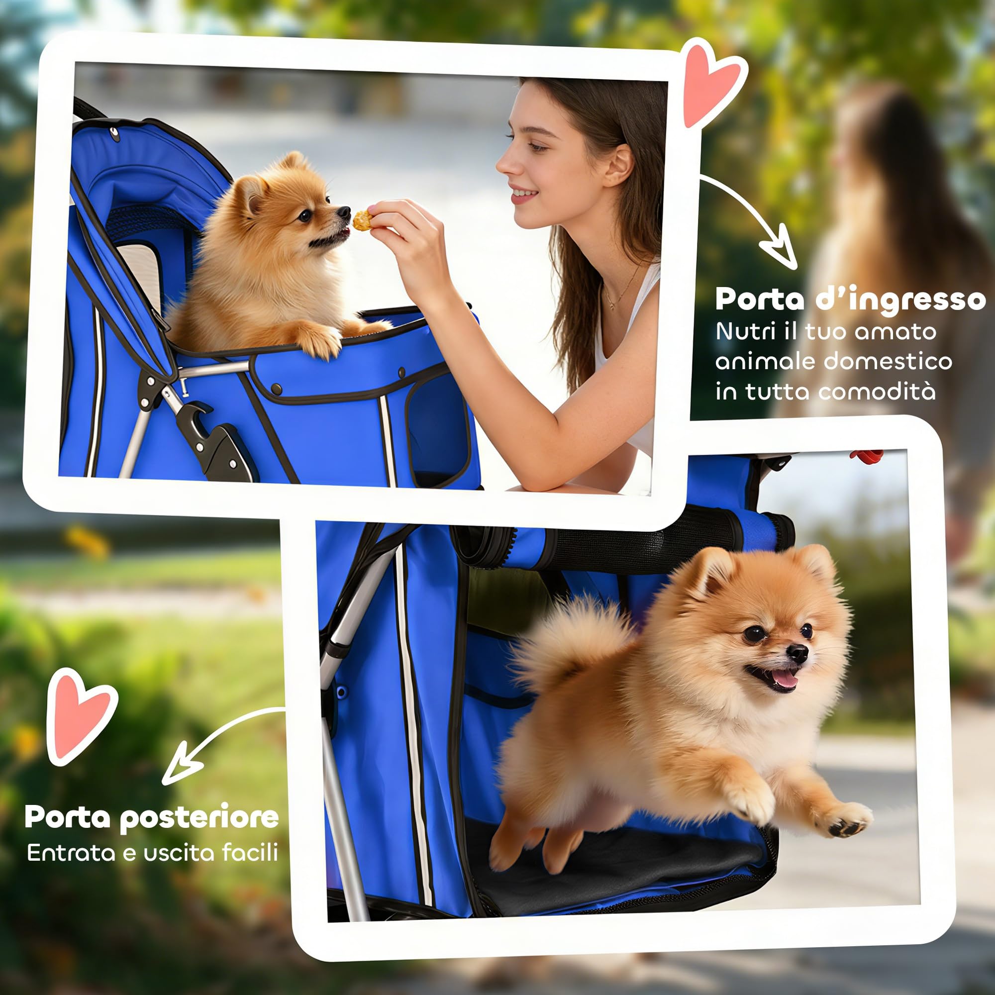 PawHut Passeggino per Cani Pieghevole, Carrozzina per Animali con Copertura Antipioggia, Catarifrangenti, Ruote Girevoli a 360°, Freni e Cuscino Lavabile, Blu