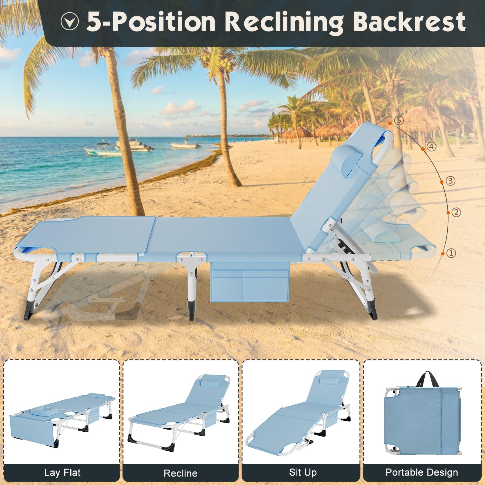 MOPHOTO Chaise longue pliante 5 positions, lit pliant, chaise longue robuste pour extérieur, piscine, plage, pelouse, camping