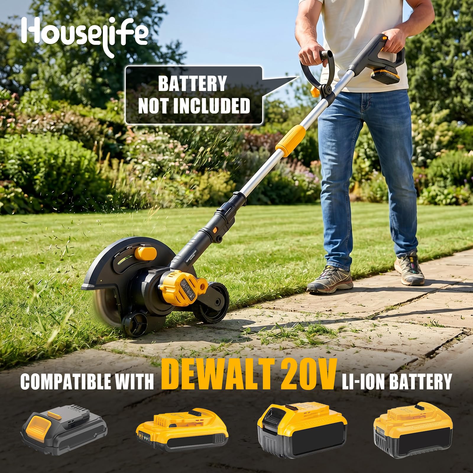 Houselife Bordeadora de césped inalámbrica compatible con batería DeWalt de 20 V máx. (solo herramienta), herramienta de zanjadora eléctrica de 9 pulgadas con ruedas dobles, 4 profundidades ajustables